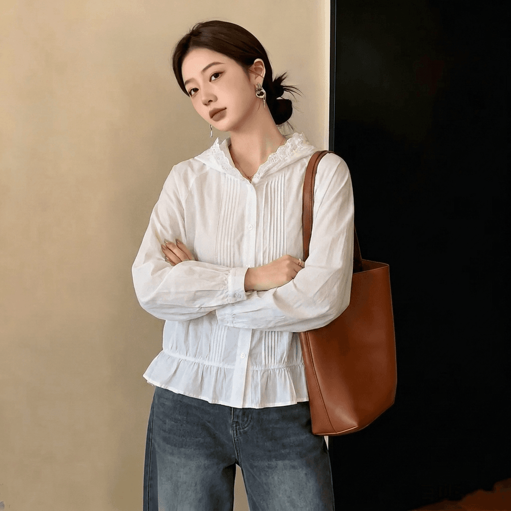 실사 빅 사이즈 디자인 센스 레이스 후드 화이트 여성 셔츠 가을 새로운 외국 가스 셔츠 슬림해 보이는 다용도 맨위 상세 이미지 2