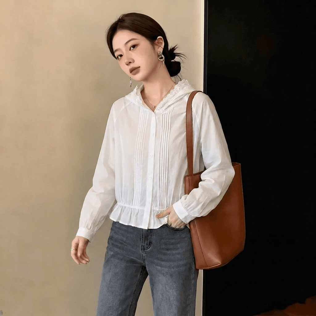 실사 빅 사이즈 디자인 센스 레이스 후드 화이트 여성 셔츠 가을 새로운 외국 가스 셔츠 슬림해 보이는 다용도 맨위 상세 이미지 5