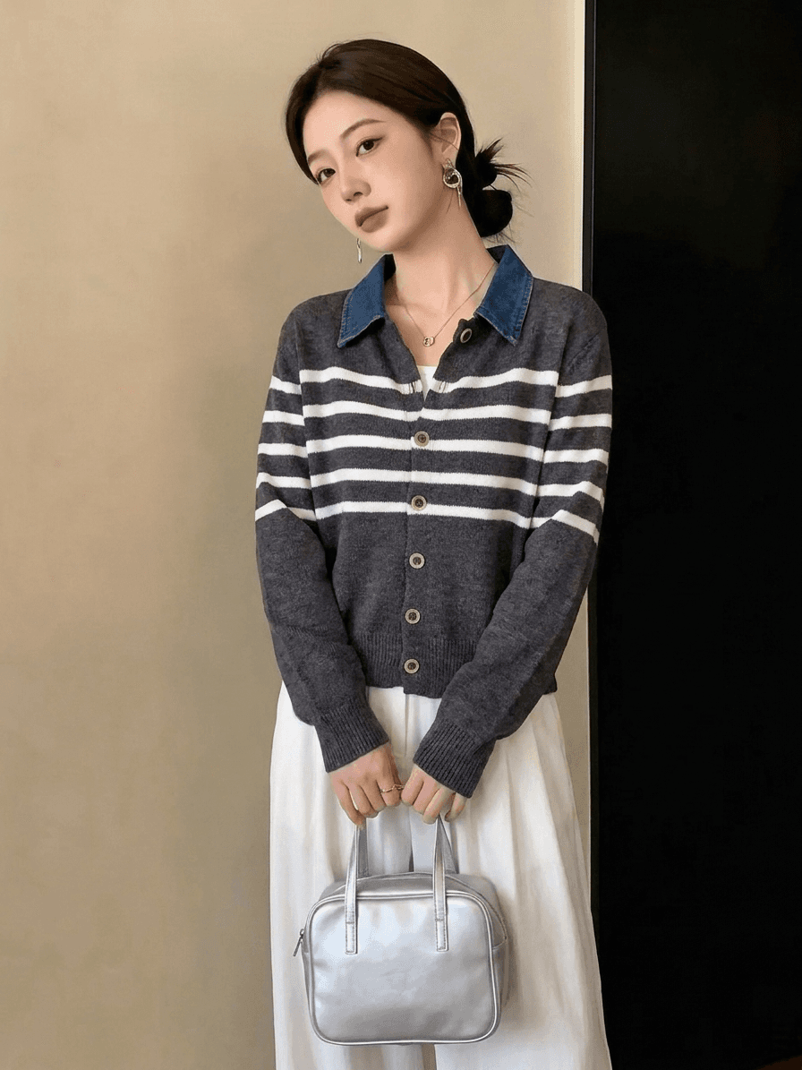 실사 빅 사이즈 니트 오픈 가디건 스웨터 여성 코트 가을 겨울 새로운 지방 mm 슬림해 보이는 페이크 레이어드 데님 패치워크 맨위 상세 이미지 2