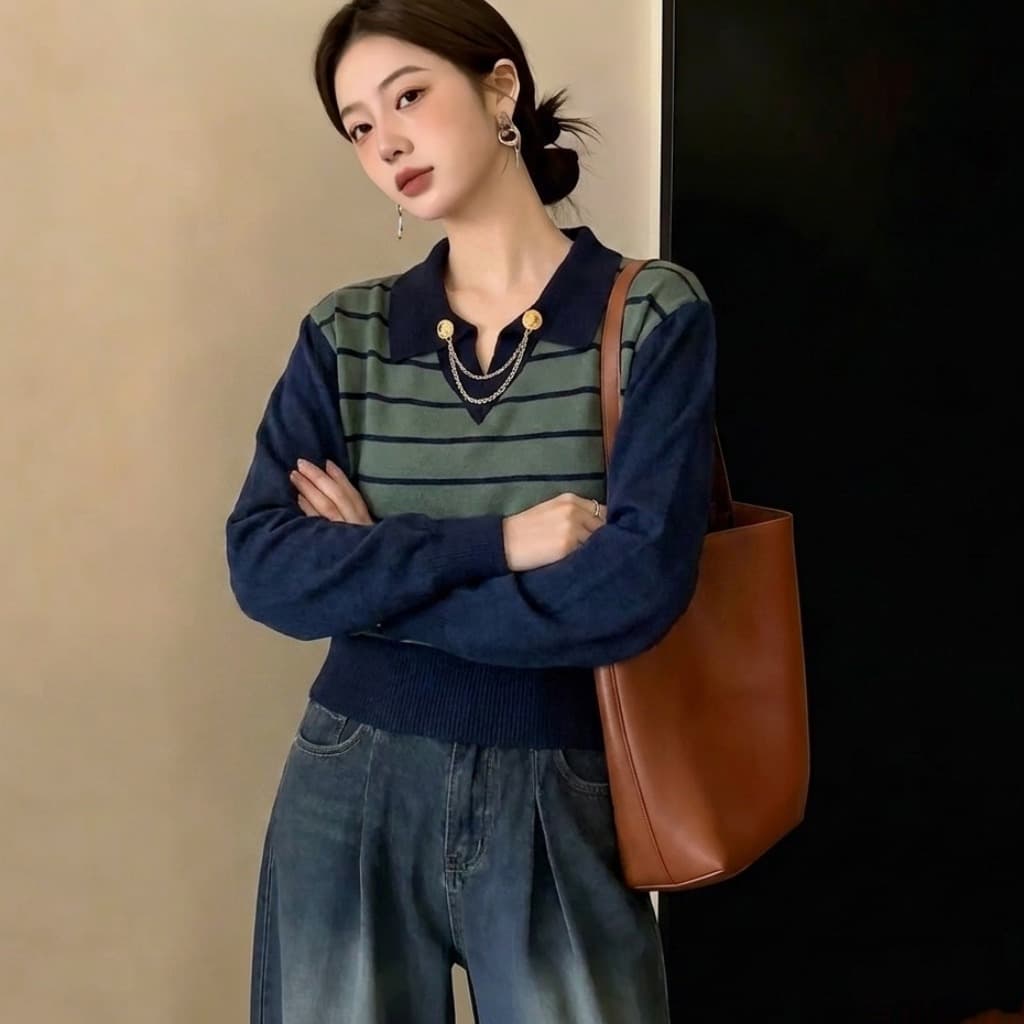 실사 빅 사이즈 가을 새로운 디자인 센스 스트라이프 연령 감소 데님 패치워크 니트 스웨터 페이크 레이어드 다용도 스웨터 여자 이미지 2