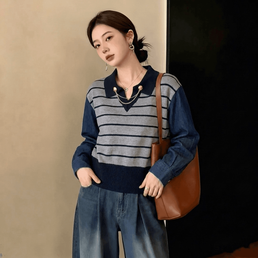 실사 빅 사이즈 가을 새로운 디자인 센스 스트라이프 연령 감소 데님 패치워크 니트 스웨터 페이크 레이어드 다용도 스웨터 여자 상세 이미지 2