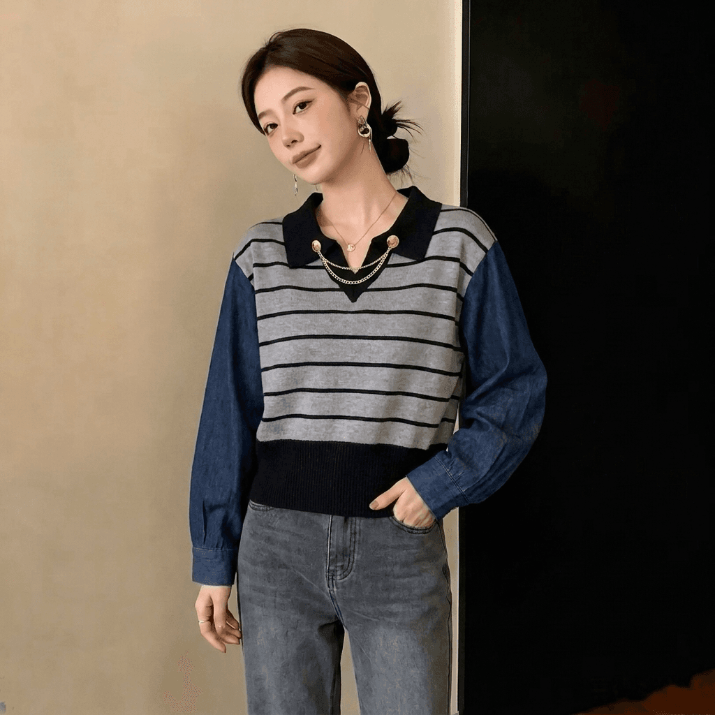 실사 빅 사이즈 가을 새로운 디자인 센스 스트라이프 연령 감소 데님 패치워크 니트 스웨터 페이크 레이어드 다용도 스웨터 여자 상세 이미지 3