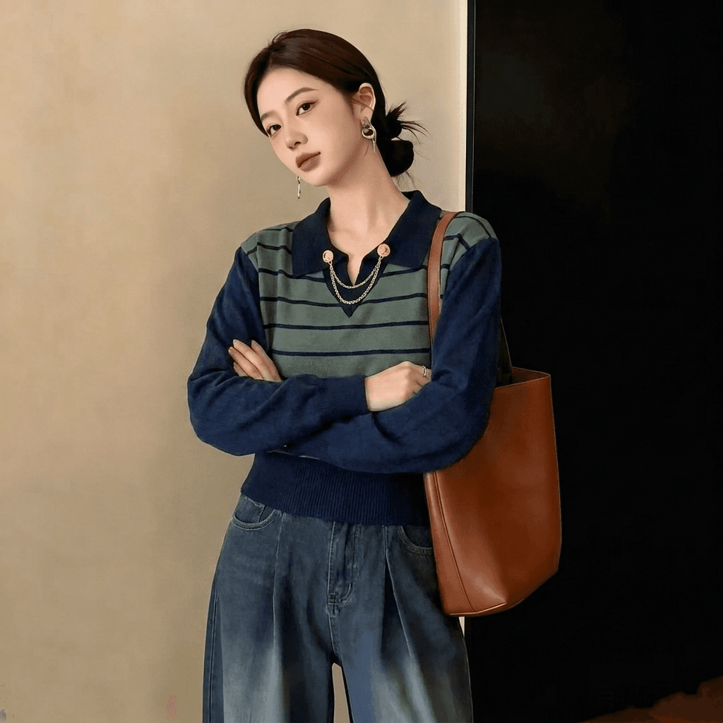 실사 빅 사이즈 가을 새로운 디자인 센스 스트라이프 연령 감소 데님 패치워크 니트 스웨터 페이크 레이어드 다용도 스웨터 여자 상세 이미지 7