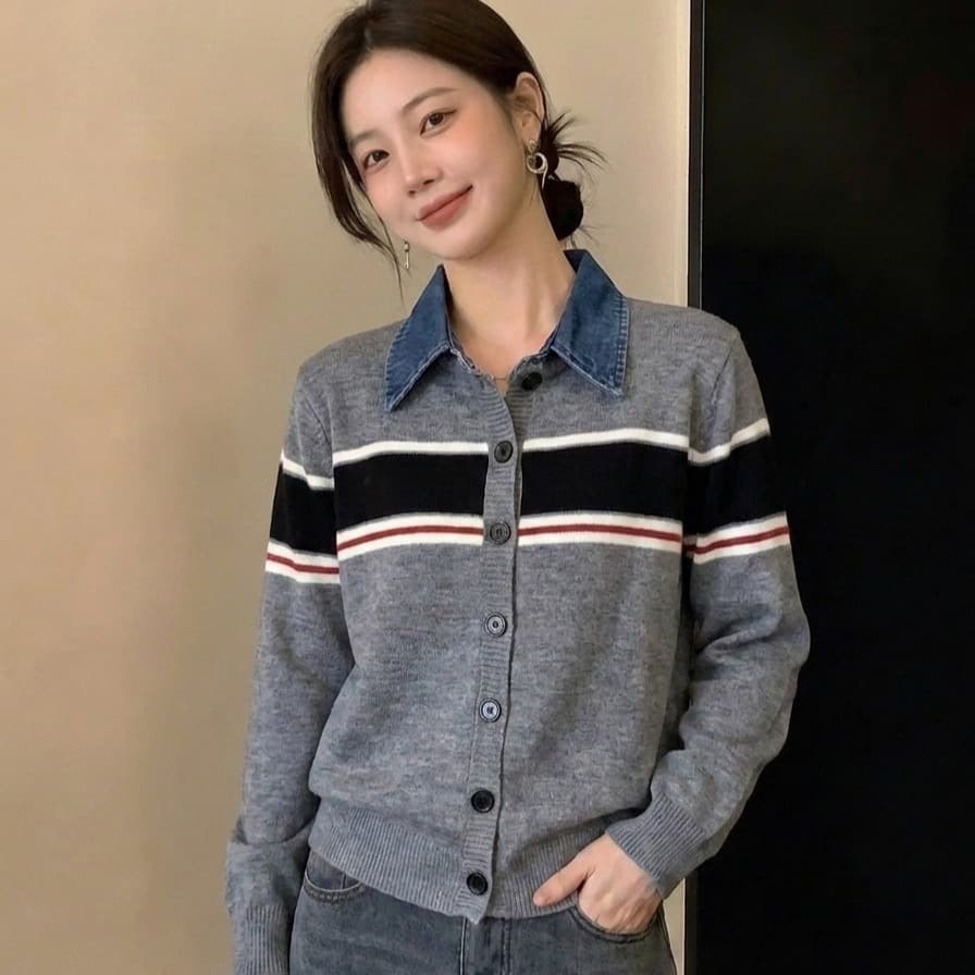 실사 빅 사이즈 패션 데님 패치워크 후드 니트 스웨터 여성 가을 겨울 새로운 디자인 센스 슬림해 보이는 스웨터 코트 이미지 4
