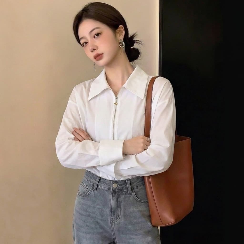 실사 빅 사이즈 여성 의류 가을 새로운 디자인 센스 패션 셔츠 더블 지퍼 품격 슬림해 보이는 연령 감소 다용도 맨위 이미지 2