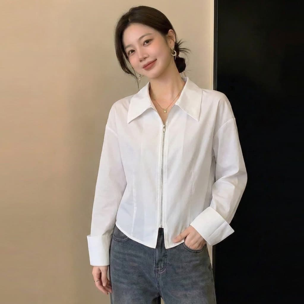 실사 빅 사이즈 여성 의류 가을 새로운 디자인 센스 패션 셔츠 더블 지퍼 품격 슬림해 보이는 연령 감소 다용도 맨위 이미지 3