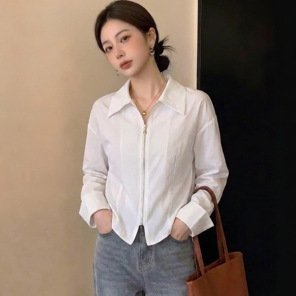 실사 빅 사이즈 여성 의류 가을 새로운 디자인 센스 패션 셔츠 더블 지퍼 품격 슬림해 보이는 연령 감소 다용도 맨위 이미지 4