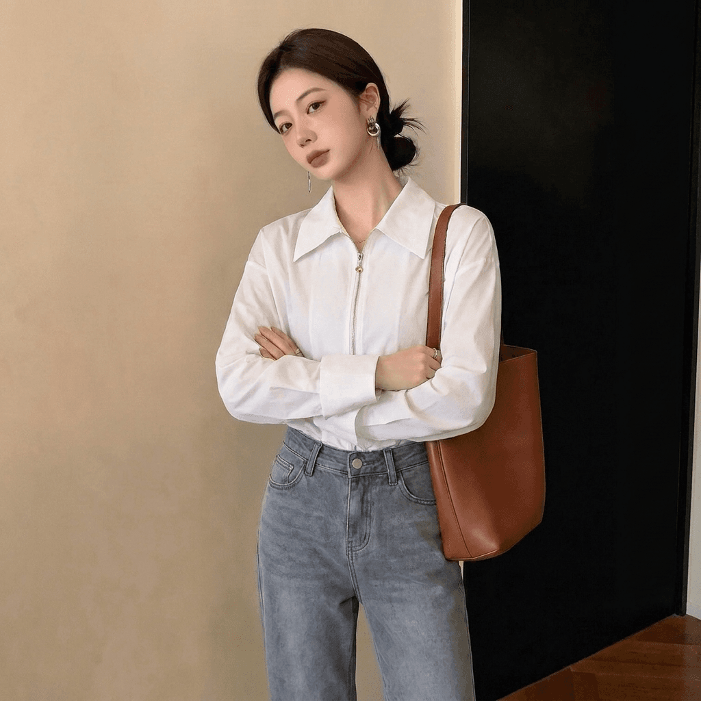 실사 빅 사이즈 여성 의류 가을 새로운 디자인 센스 패션 셔츠 더블 지퍼 품격 슬림해 보이는 연령 감소 다용도 맨위 상세 이미지 2