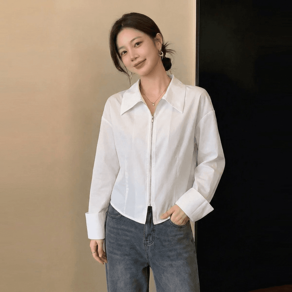 실사 빅 사이즈 여성 의류 가을 새로운 디자인 센스 패션 셔츠 더블 지퍼 품격 슬림해 보이는 연령 감소 다용도 맨위 상세 이미지 3