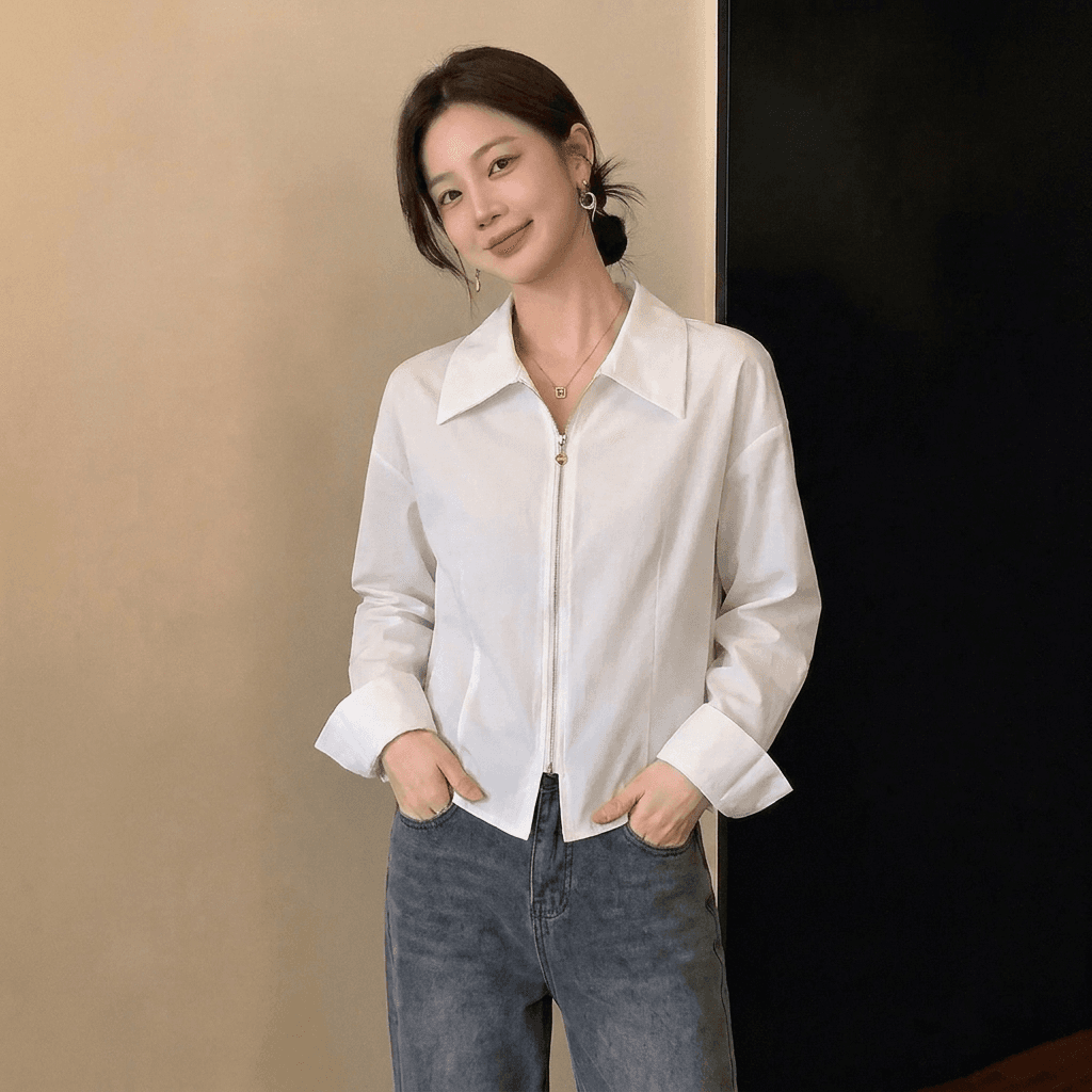 실사 빅 사이즈 여성 의류 가을 새로운 디자인 센스 패션 셔츠 더블 지퍼 품격 슬림해 보이는 연령 감소 다용도 맨위 상세 이미지 4