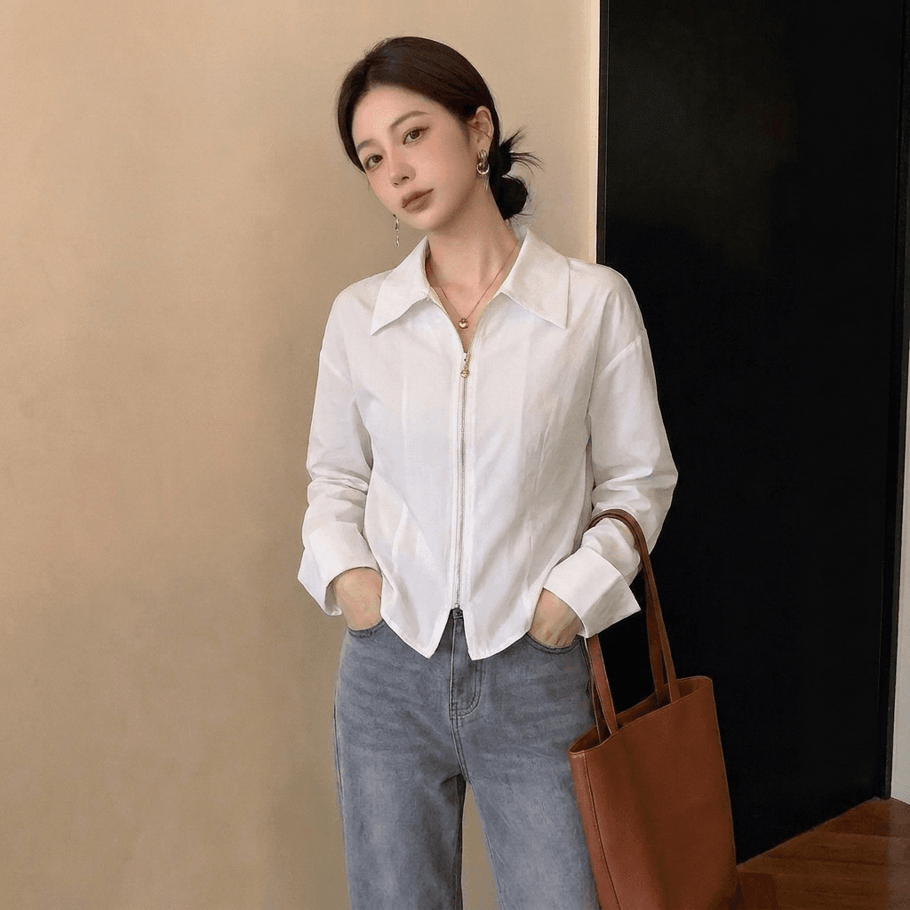 실사 빅 사이즈 여성 의류 가을 새로운 디자인 센스 패션 셔츠 더블 지퍼 품격 슬림해 보이는 연령 감소 다용도 맨위 상세 이미지 5