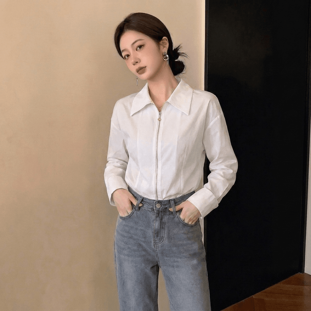 실사 빅 사이즈 여성 의류 가을 새로운 디자인 센스 패션 셔츠 더블 지퍼 품격 슬림해 보이는 연령 감소 다용도 맨위 상세 이미지 6