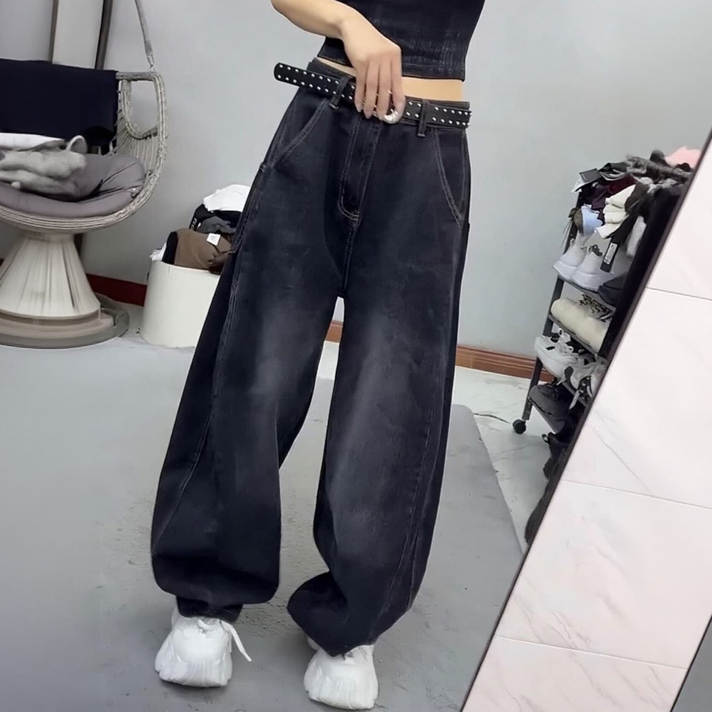 빅 사이즈 여성 의류 레트로 아메리칸 모통이 칼 청바지 2026 가을 지방 mm 배 모양 몸 하이웨이스트 슬림해 보이는 와이드 레그 팬츠