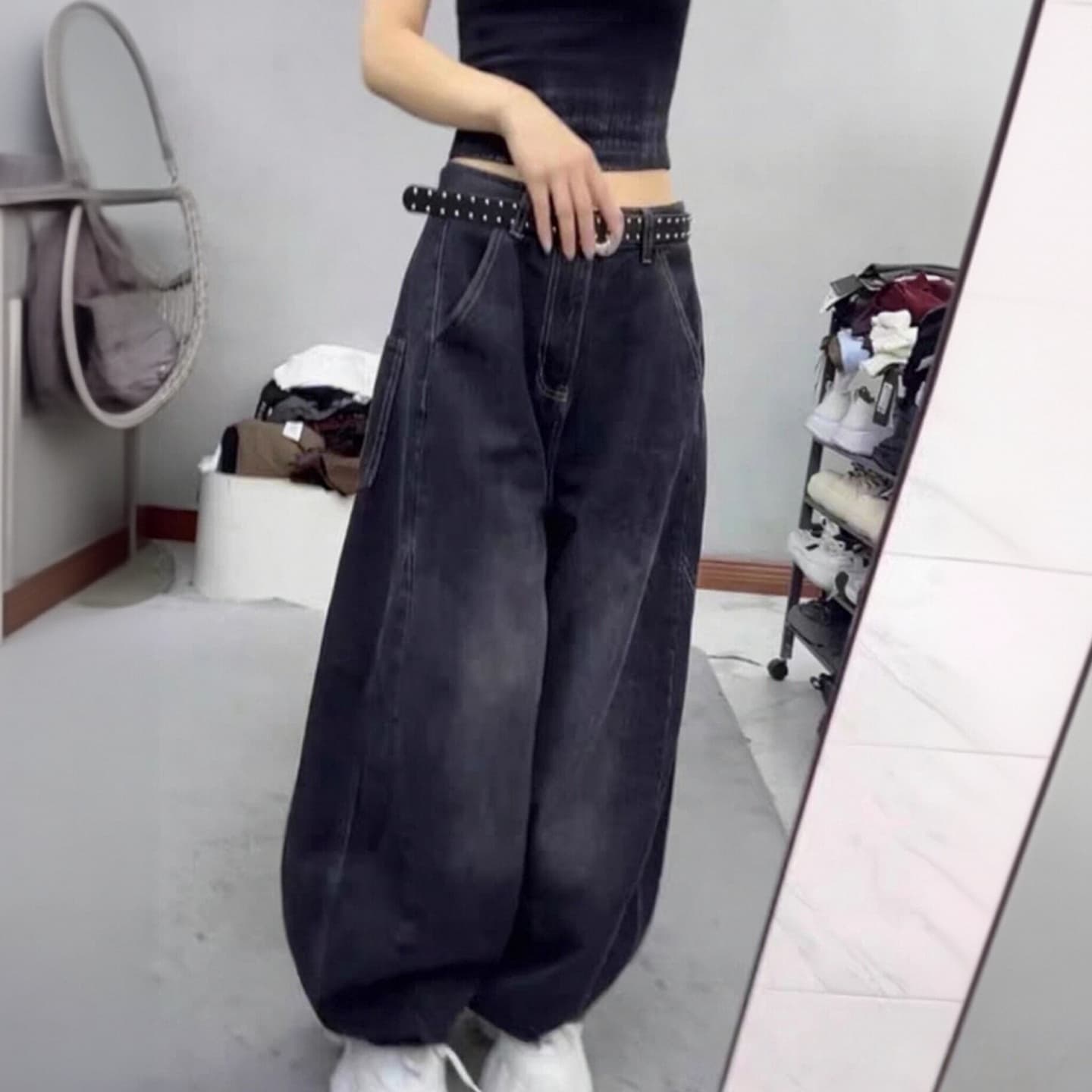 빅 사이즈 여성 의류 레트로 아메리칸 모통이 칼 청바지 2026 가을 지방 mm 배 모양 몸 하이웨이스트 슬림해 보이는 와이드 레그 팬츠 상세 이미지 4
