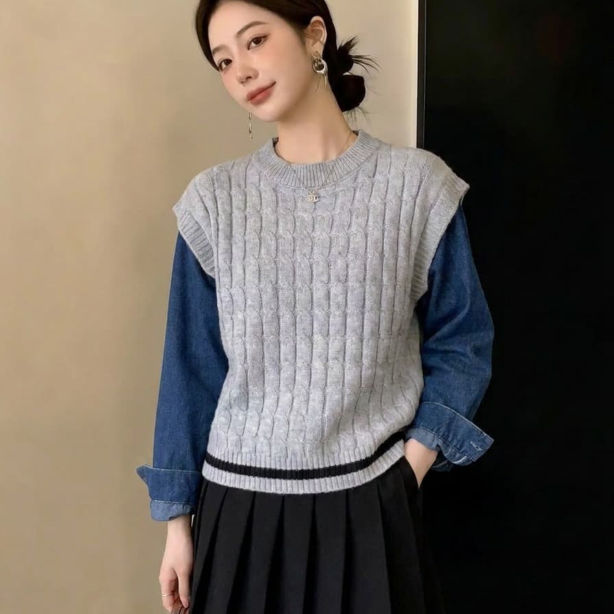 실사 빅 사이즈 가을 새로운 디자인 센스 스트라이프 연령 감소 데님 패치워크 니트 스웨터 페이크 레이어드 다용도 스웨터 여자 이미지 5