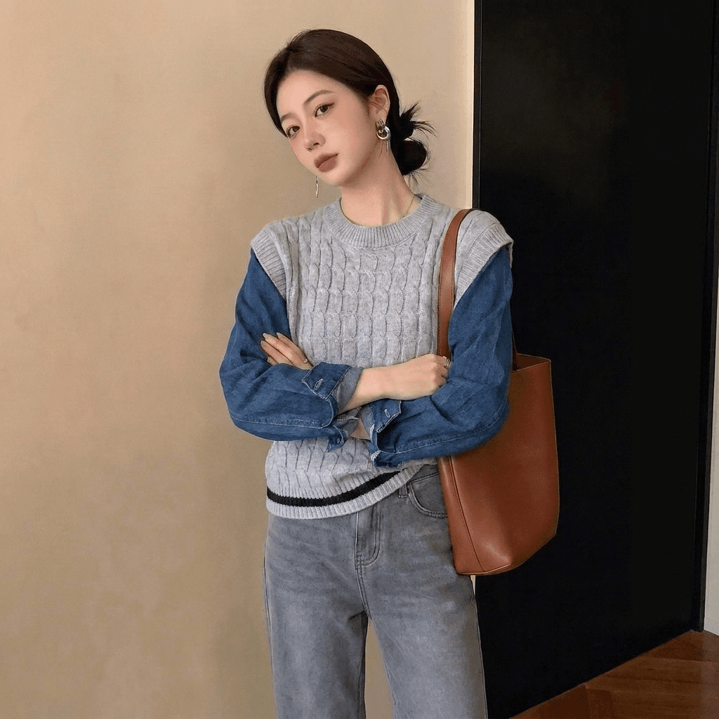 실사 빅 사이즈 가을 새로운 디자인 센스 스트라이프 연령 감소 데님 패치워크 니트 스웨터 페이크 레이어드 다용도 스웨터 여자 상세 이미지 4