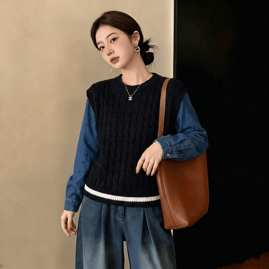 실사 빅 사이즈 가을 새로운 디자인 센스 스트라이프 연령 감소 데님 패치워크 니트 스웨터 페이크 레이어드 다용도 스웨터 여자 상세 이미지 6
