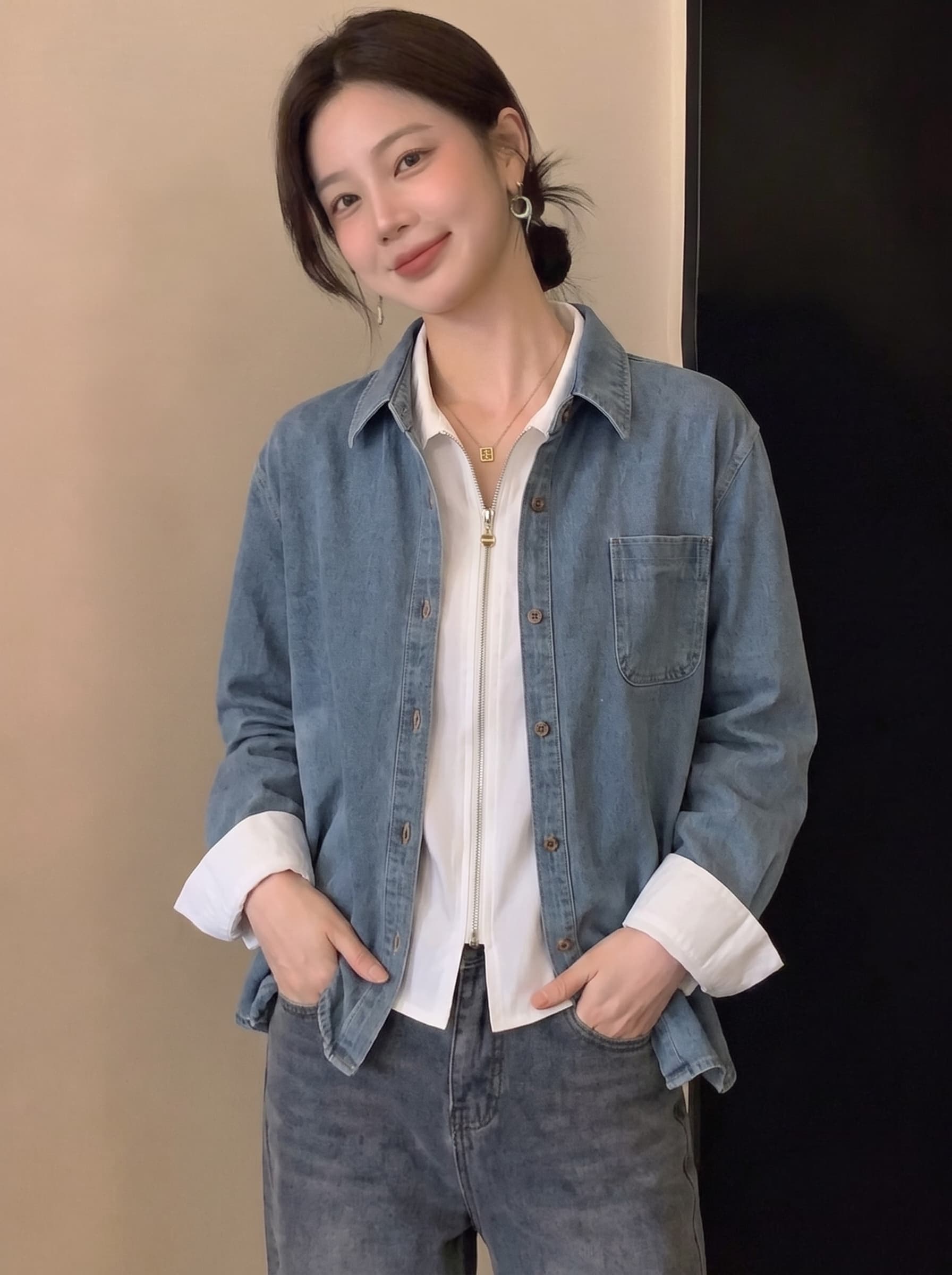 실사 데님 여성 셔츠 2026 가을 새로운 루즈핏 외출용 셔츠 캐주얼 카디건 코트 다용도 맨위 이미지 3