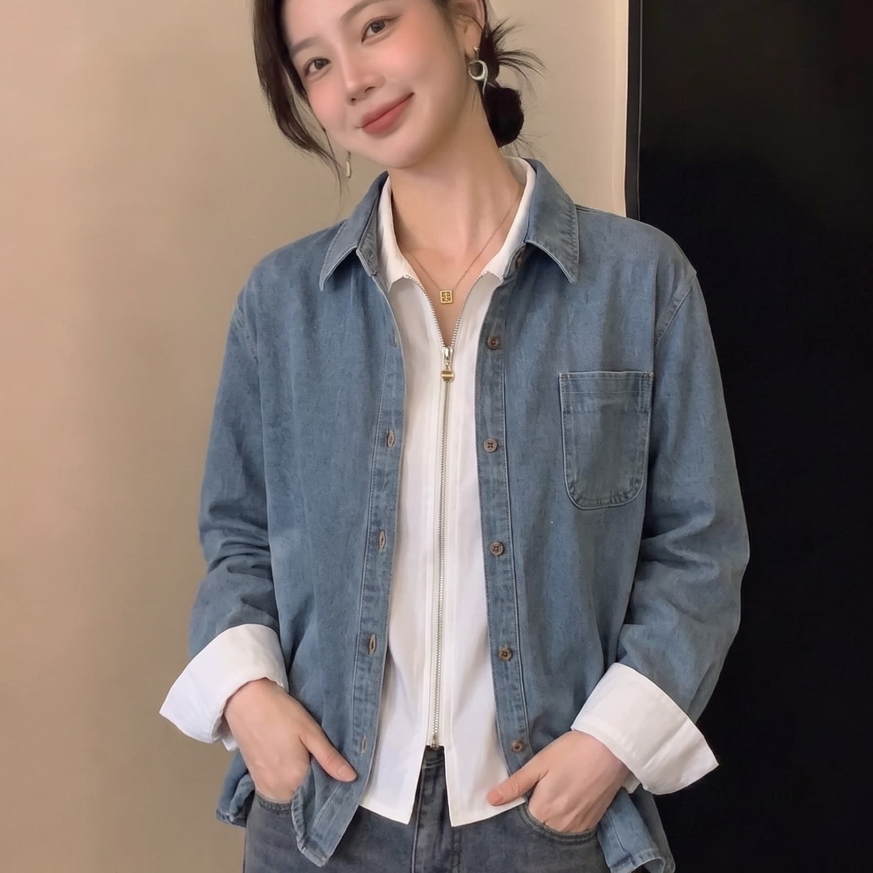 실사 데님 여성 셔츠 2026 가을 새로운 루즈핏 외출용 셔츠 캐주얼 카디건 코트 다용도 맨위