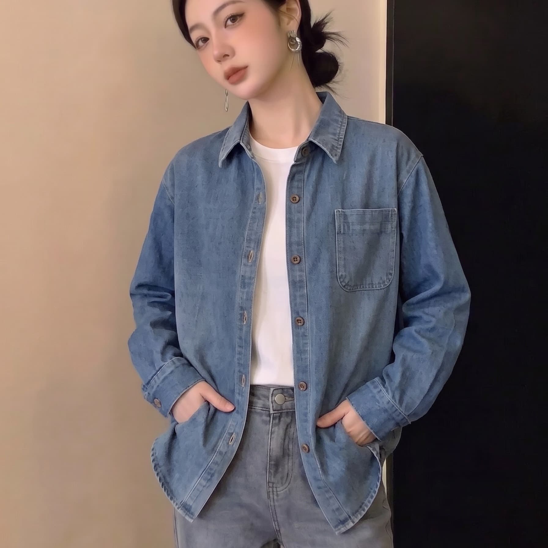 실사 데님 여성 셔츠 2026 가을 새로운 루즈핏 외출용 셔츠 캐주얼 카디건 코트 다용도 맨위 이미지 5