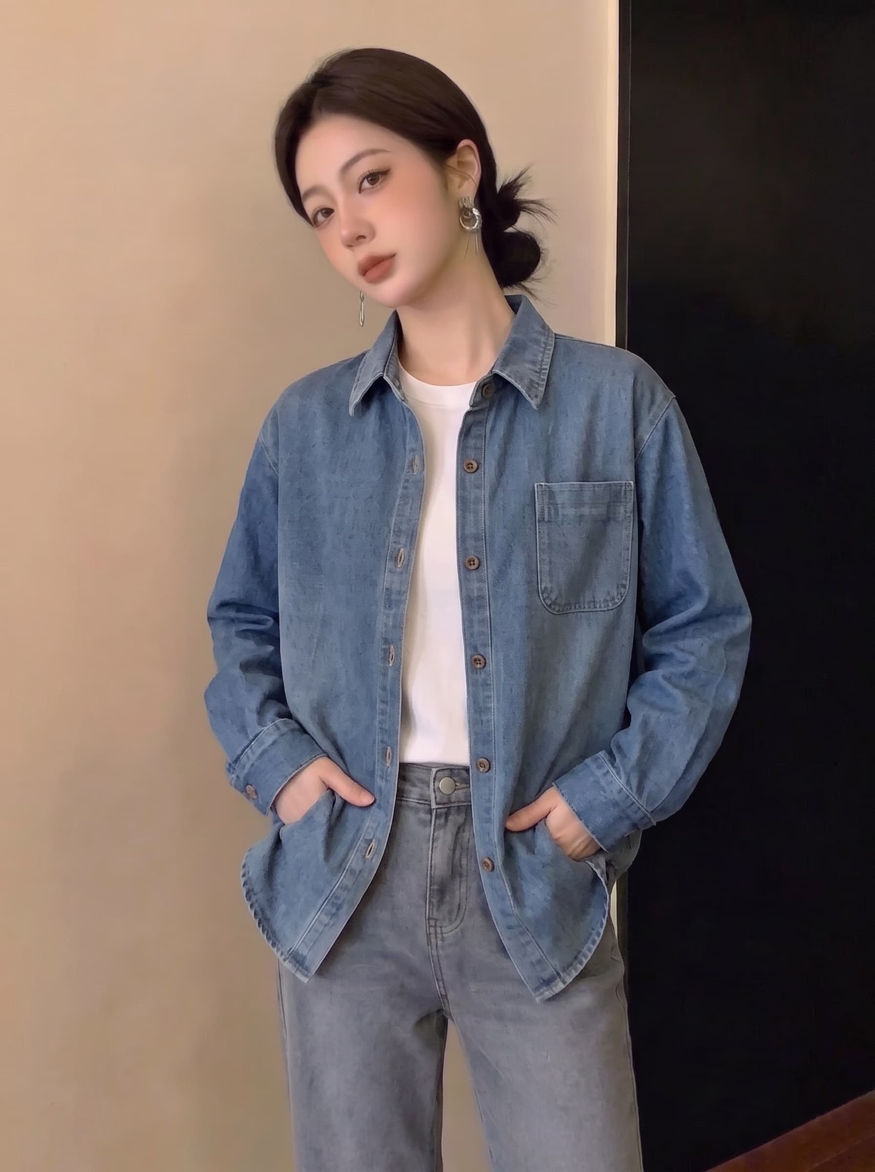 실사 데님 여성 셔츠 2026 가을 새로운 루즈핏 외출용 셔츠 캐주얼 카디건 코트 다용도 맨위 상세 이미지 2