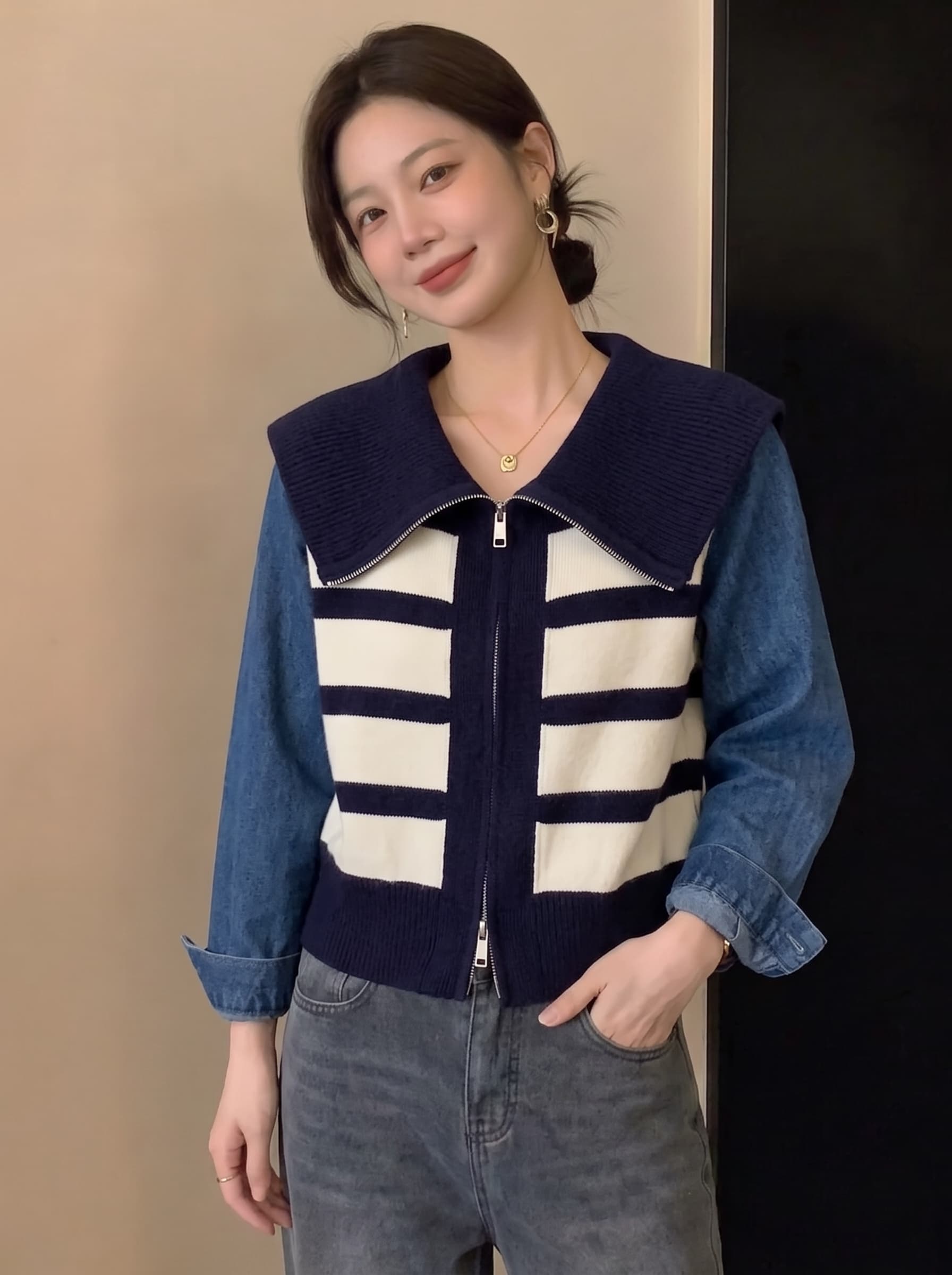 실사 빅 사이즈 패션 데님 패치워크 후드 니트 스웨터 여성 가을 겨울 새로운 디자인 센스 슬림해 보이는 스웨터 코트 상세 이미지 2