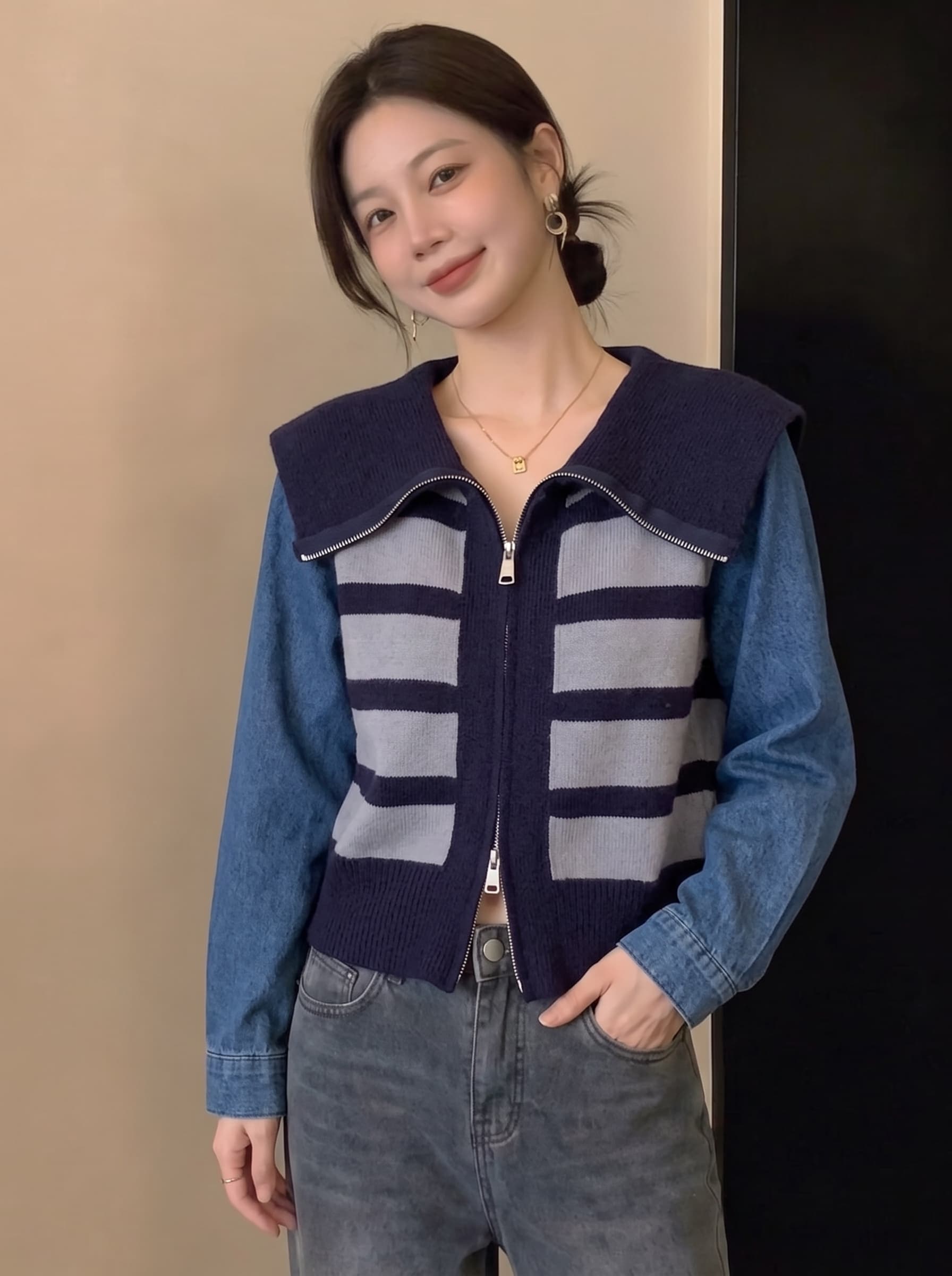 실사 빅 사이즈 패션 데님 패치워크 후드 니트 스웨터 여성 가을 겨울 새로운 디자인 센스 슬림해 보이는 스웨터 코트 상세 이미지 3