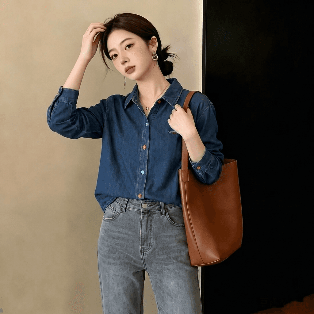 실사 빅 사이즈 2026 이른 가을 새로운 자수 POLO 칼라 데님 여성 코트 디자인 센스 배색 버클 다용도 맨위 이미지 3