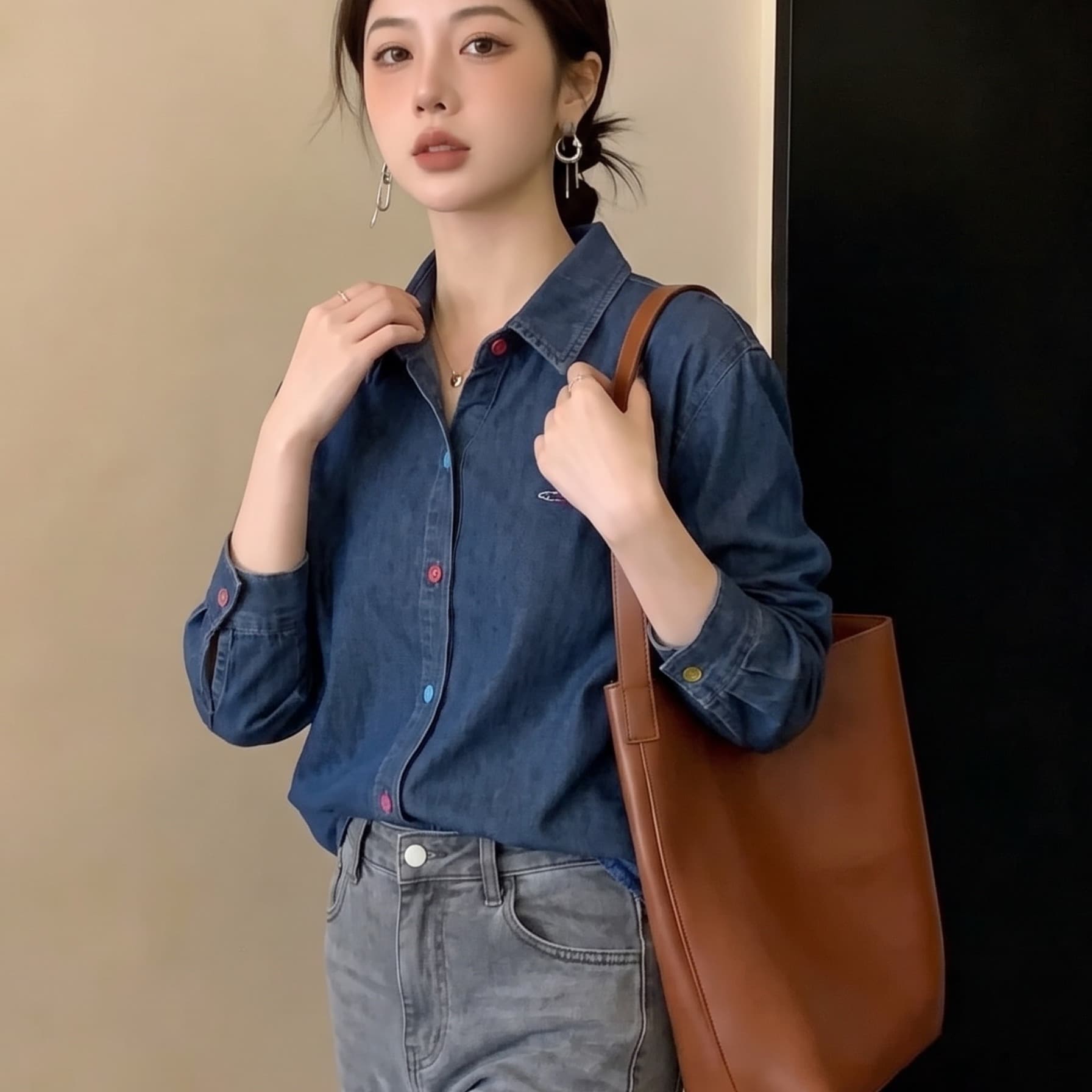 실사 빅 사이즈 2026 이른 가을 새로운 자수 POLO 칼라 데님 여성 코트 디자인 센스 배색 버클 다용도 맨위 이미지 4