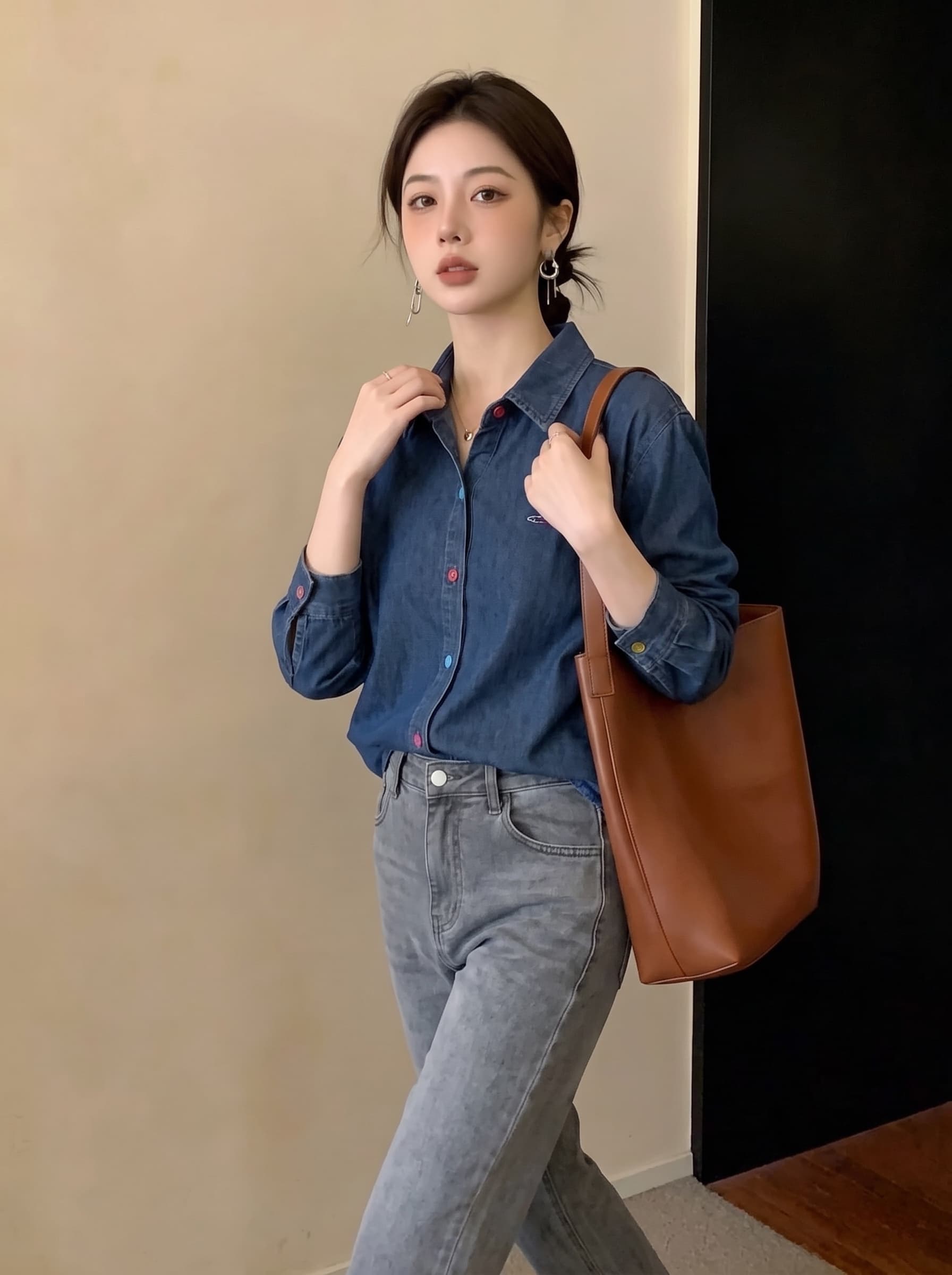 실사 빅 사이즈 2026 이른 가을 새로운 자수 POLO 칼라 데님 여성 코트 디자인 센스 배색 버클 다용도 맨위 상세 이미지 5