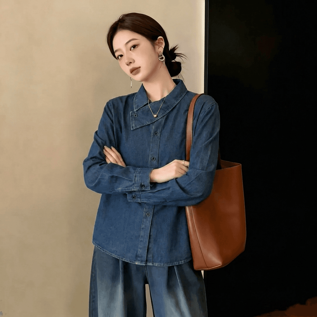실사 빅 사이즈 고급 센스 레트로 십자가 칼라 데님 셔츠 가을 새로운 디자인 센스 슬림해 보이는 다용도 여성 코트 이미지 4