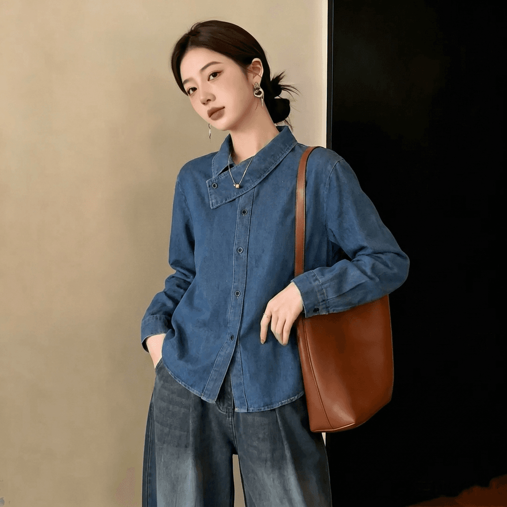 실사 빅 사이즈 고급 센스 레트로 십자가 칼라 데님 셔츠 가을 새로운 디자인 센스 슬림해 보이는 다용도 여성 코트 상세 이미지 4