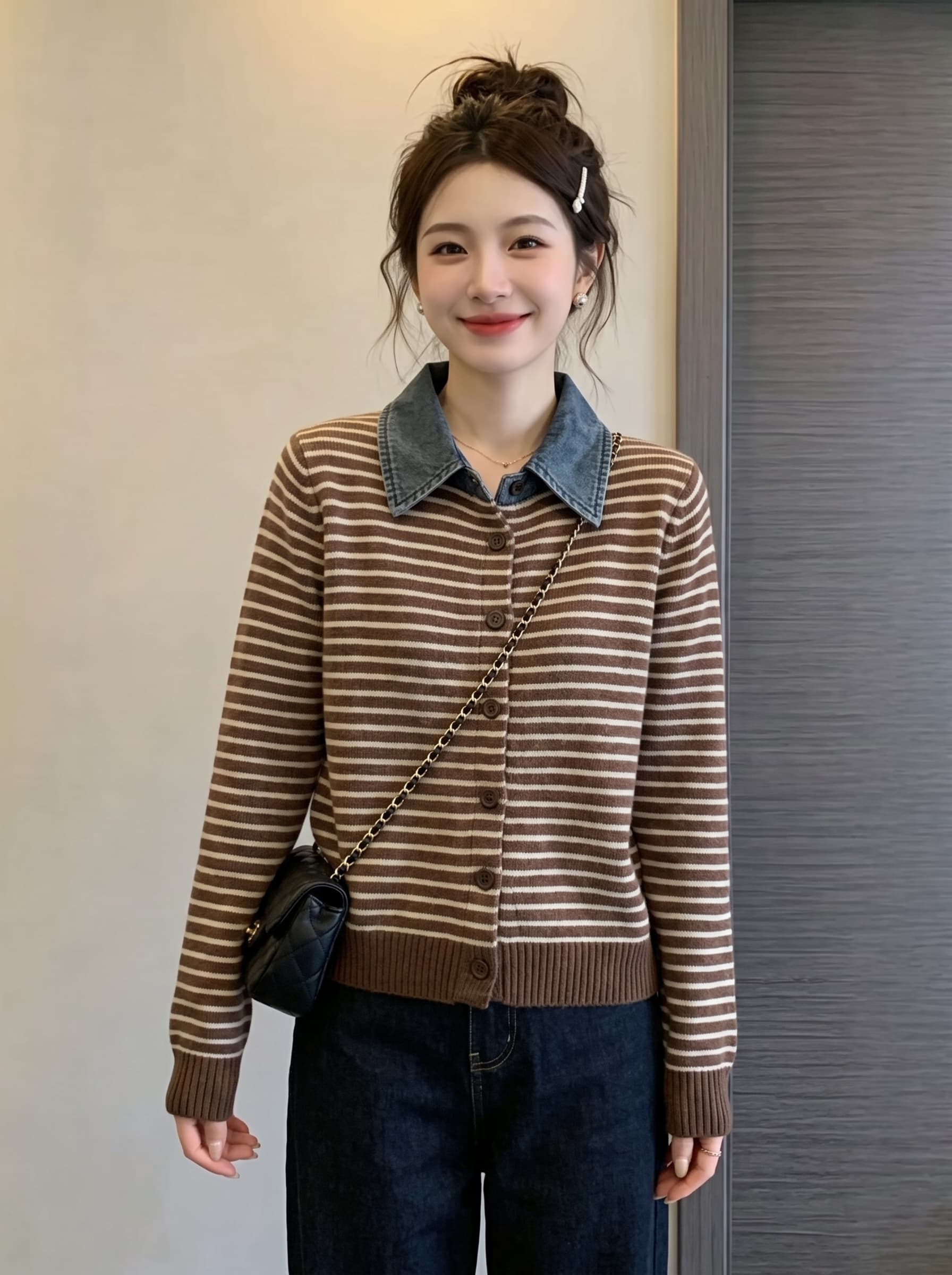 실사 빅 사이즈 이른 가을 새로운 고급 센스 데님 셔츠 칼라 니트 오픈 가디건 여성 코트 슬림해 보이는 다용도 맨위 이미지 3
