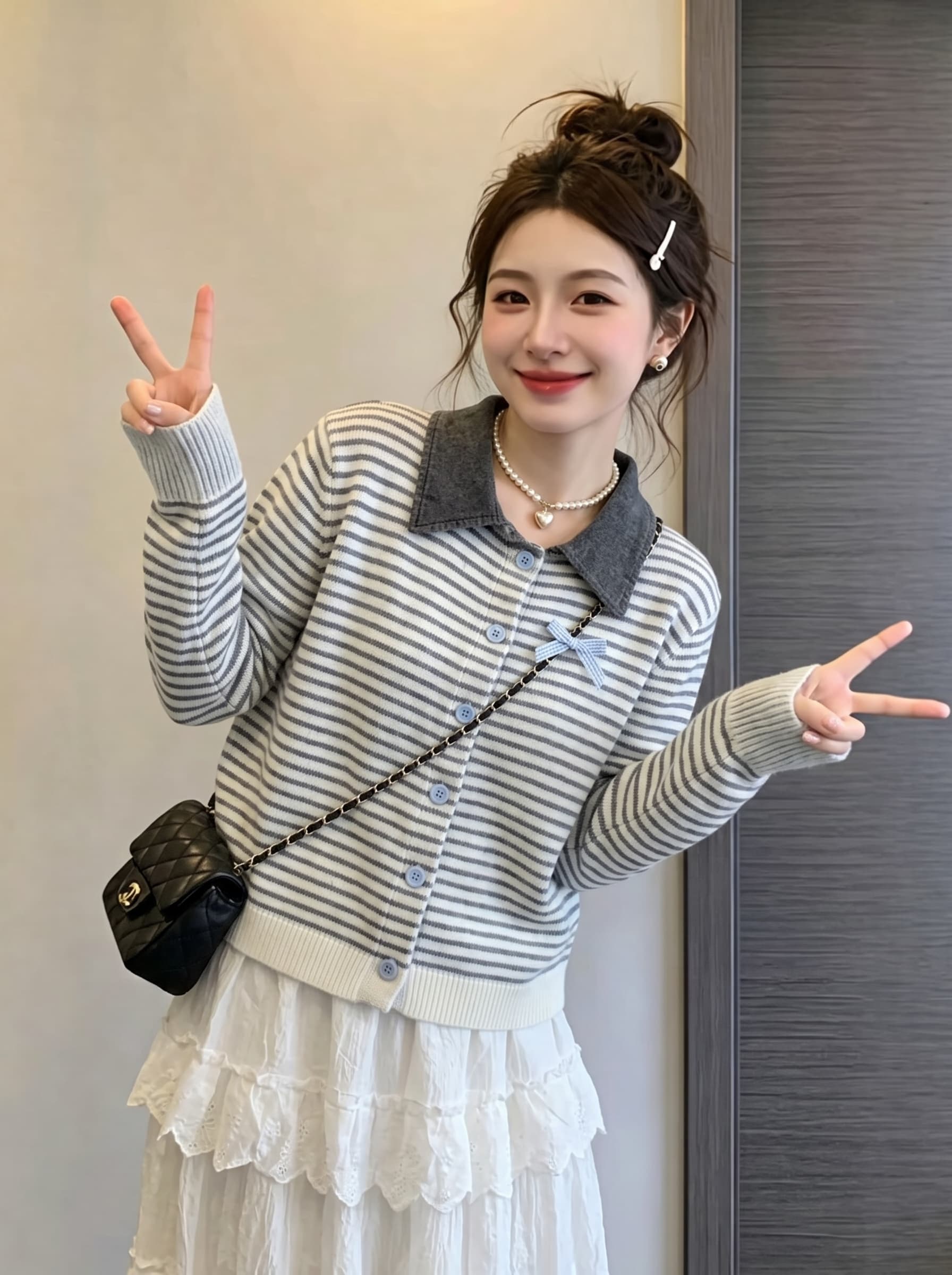 실사 빅 사이즈 이른 가을 새로운 고급 센스 데님 셔츠 칼라 니트 오픈 가디건 여성 코트 슬림해 보이는 다용도 맨위 상세 이미지 3