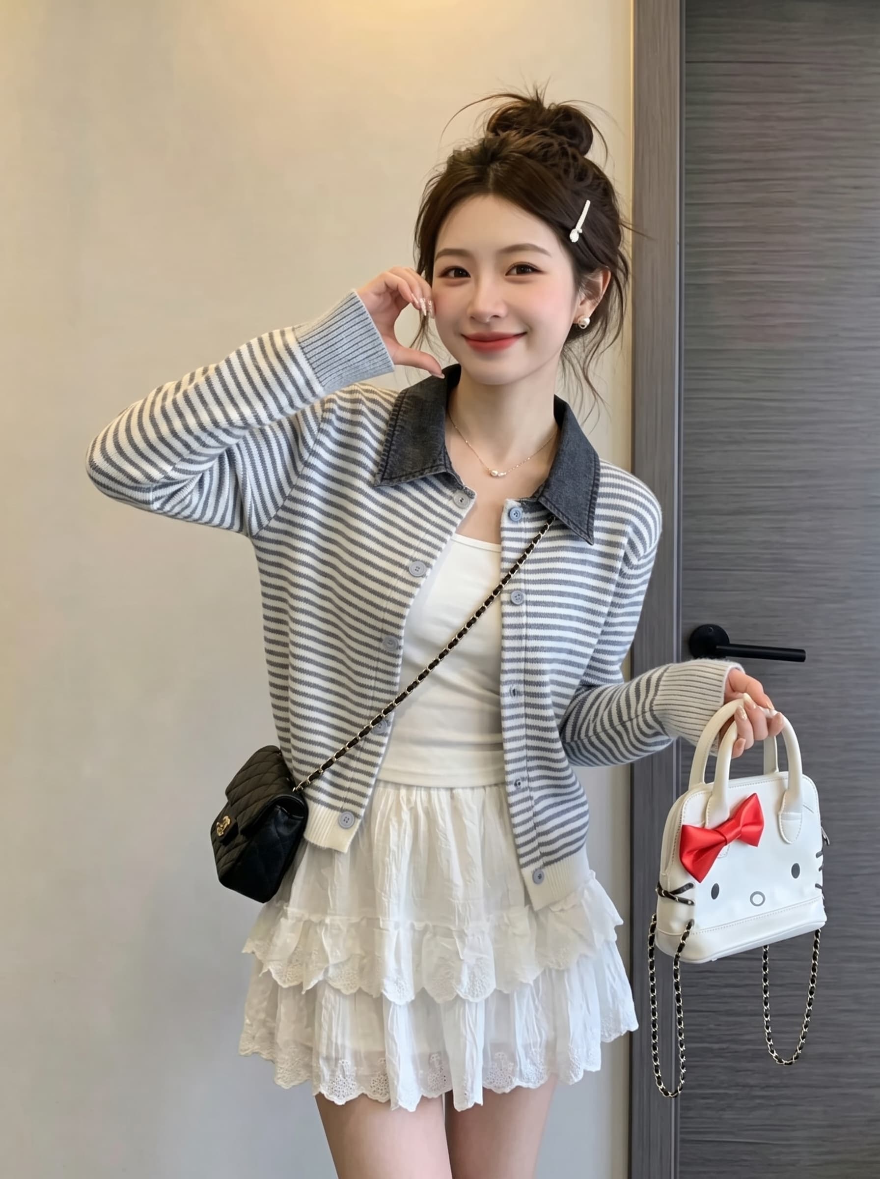 실사 빅 사이즈 이른 가을 새로운 고급 센스 데님 셔츠 칼라 니트 오픈 가디건 여성 코트 슬림해 보이는 다용도 맨위 상세 이미지 4