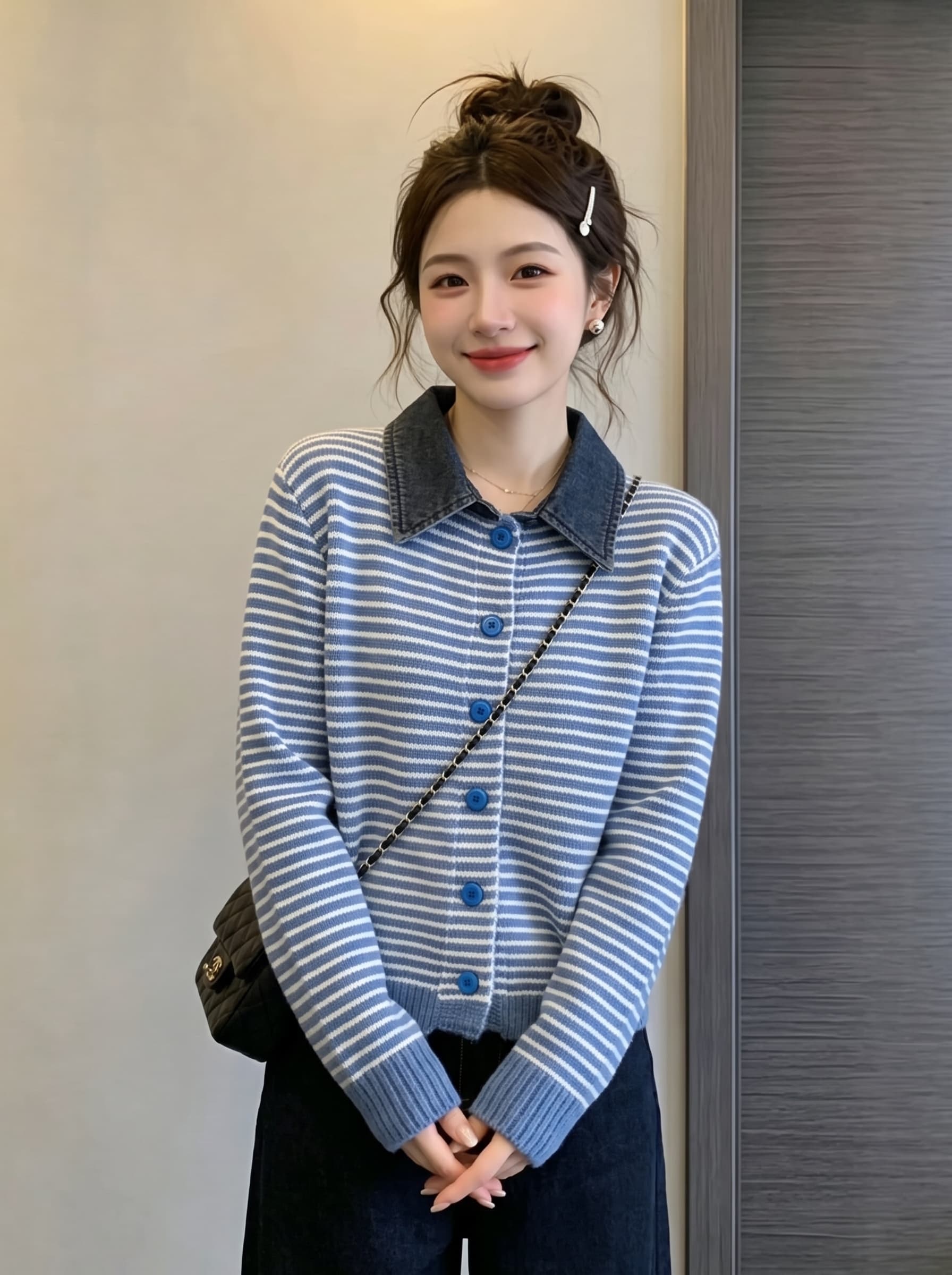 실사 빅 사이즈 이른 가을 새로운 고급 센스 데님 셔츠 칼라 니트 오픈 가디건 여성 코트 슬림해 보이는 다용도 맨위 상세 이미지 5