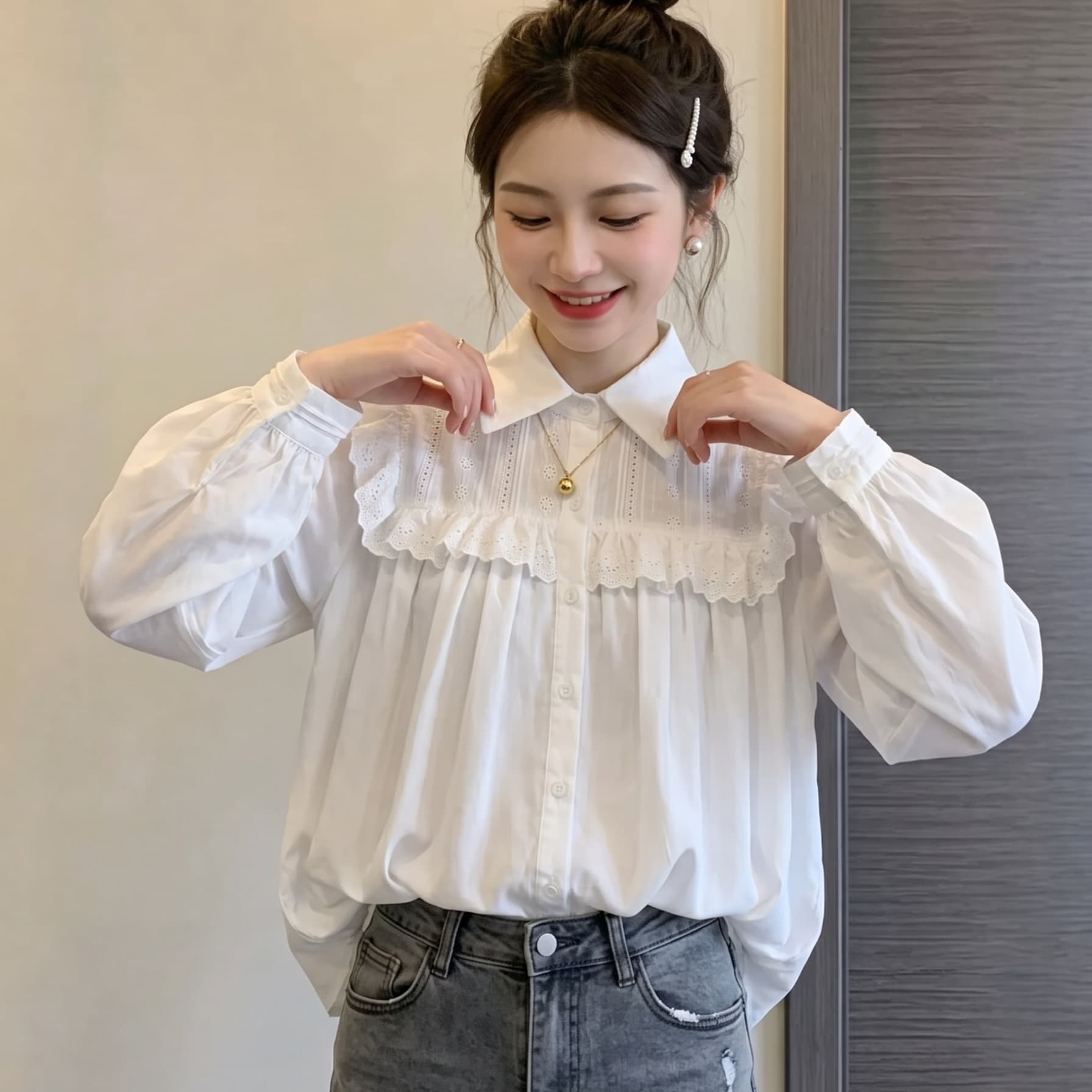 실사 빅 사이즈 여성 의류 디자인 센스 레이스 측면 패치워크 셔츠 2026 가을 새로운 루즈핏 슬림해 보이는 다용도 셔츠 이미지 5