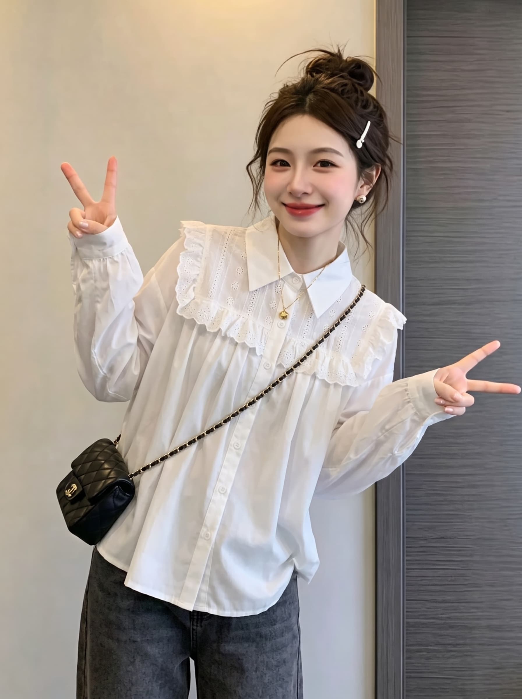 실사 빅 사이즈 여성 의류 디자인 센스 레이스 측면 패치워크 셔츠 2026 가을 새로운 루즈핏 슬림해 보이는 다용도 셔츠 상세 이미지 2