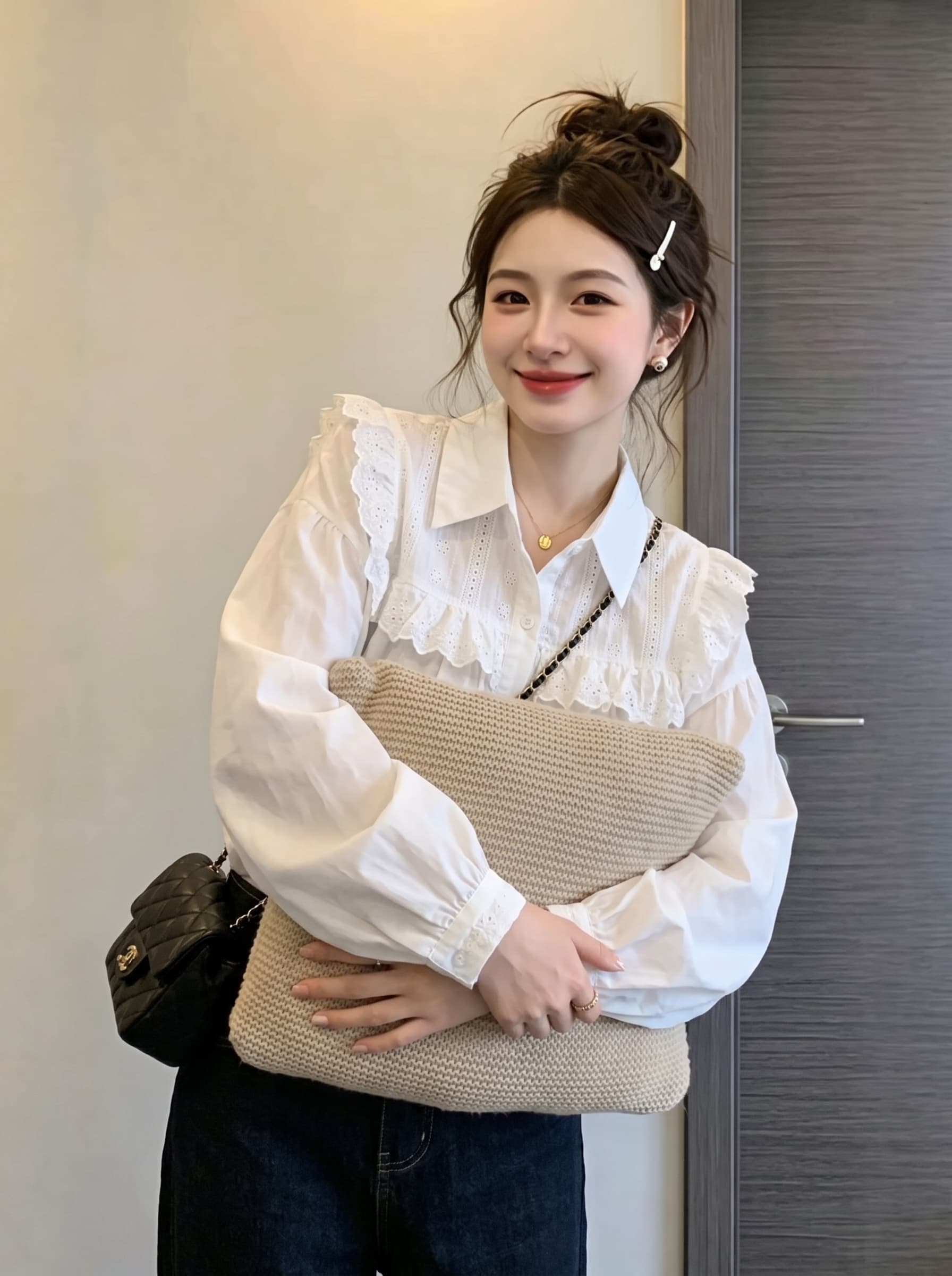 실사 빅 사이즈 여성 의류 디자인 센스 레이스 측면 패치워크 셔츠 2026 가을 새로운 루즈핏 슬림해 보이는 다용도 셔츠 상세 이미지 3