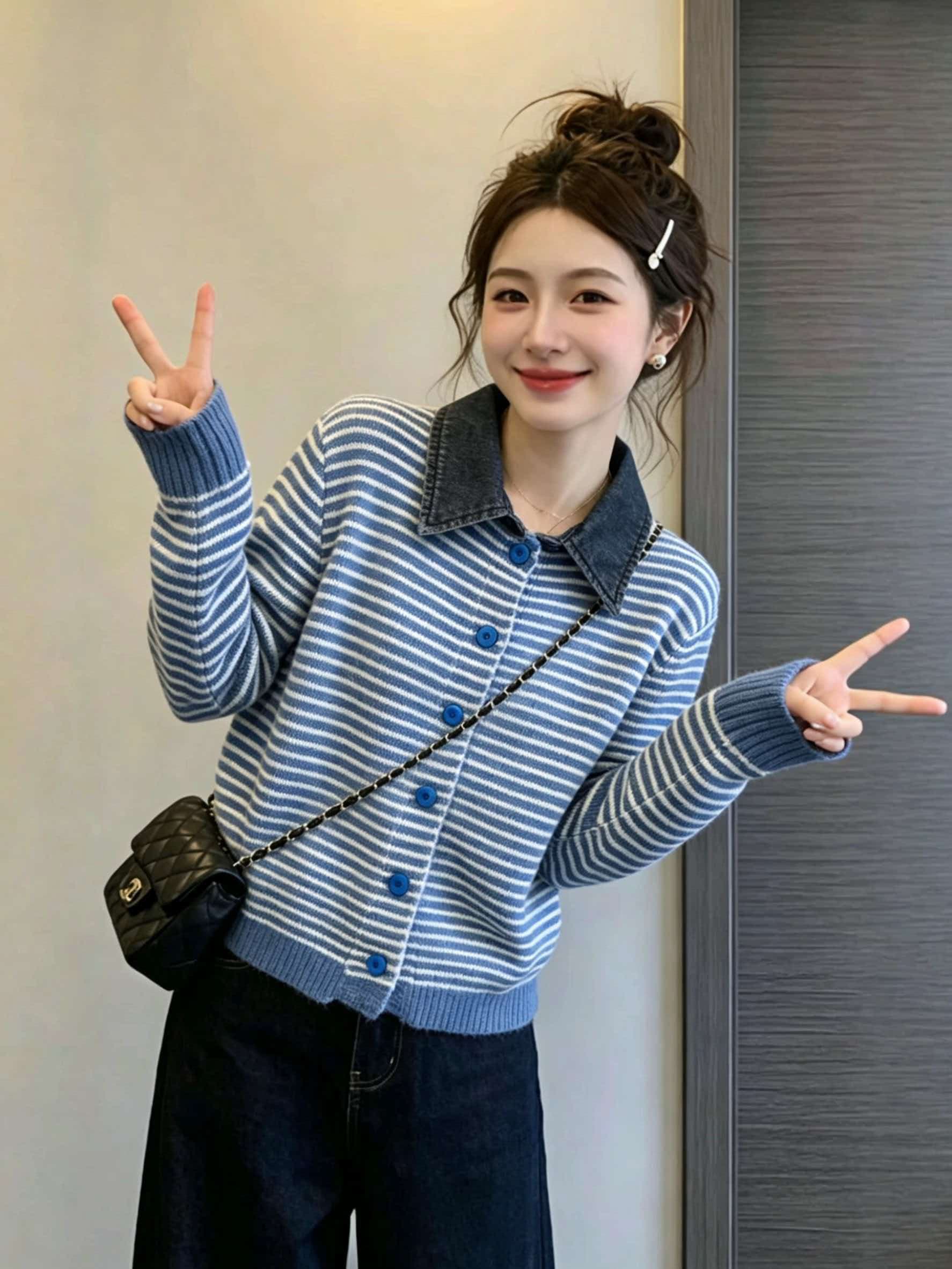 실사 빅 사이즈 이른 가을 새로운 고급 센스 데님 셔츠 칼라 니트 오픈 가디건 여성 코트 슬림해 보이는 다용도 맨위 이미지 2