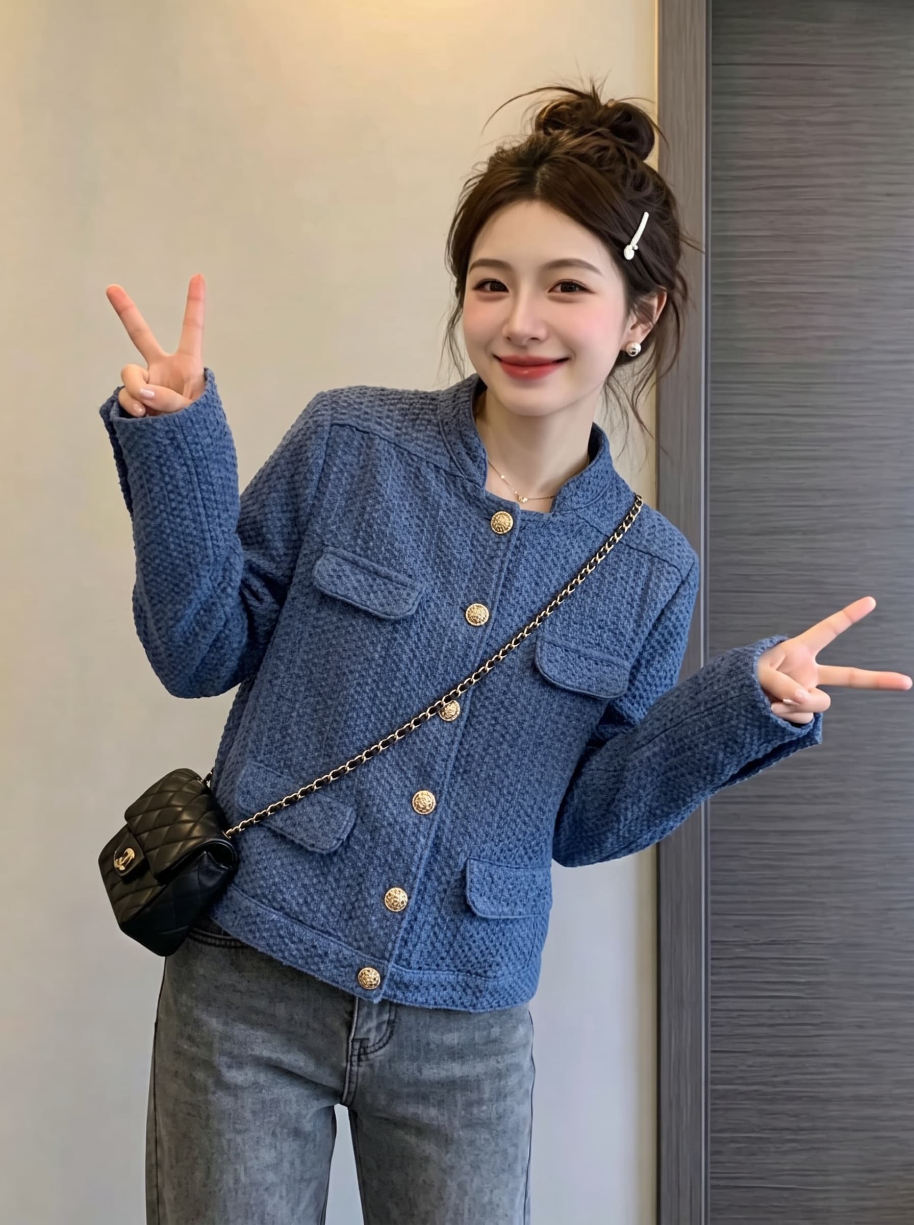 실사 빅 사이즈 2026 가을 새로운 질감 센스 데님 작은 샤넬 스타일 여성 코트 파란색 스탠드 칼라 재킷 맨위 상세 이미지 2