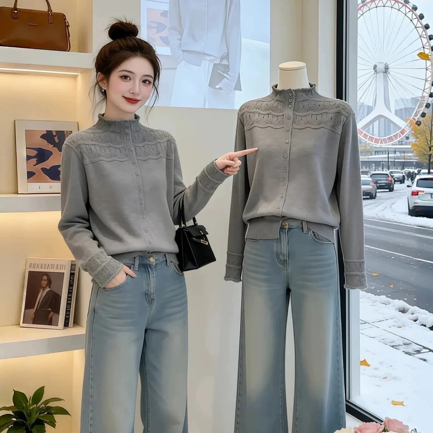 빅 사이즈 여성 의류 반하이넥 홀로우 아웃 자수 스웨터 2026 가을 새로운 루즈핏 슬림해 보이는 다용도 니트 스웨터