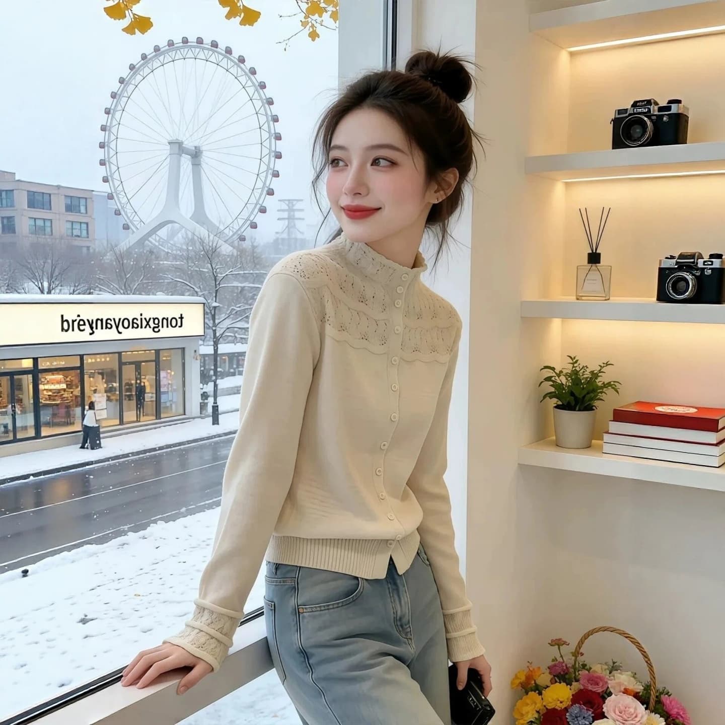 빅 사이즈 여성 의류 반하이넥 홀로우 아웃 자수 스웨터 2026 가을 새로운 루즈핏 슬림해 보이는 다용도 니트 스웨터 이미지 2