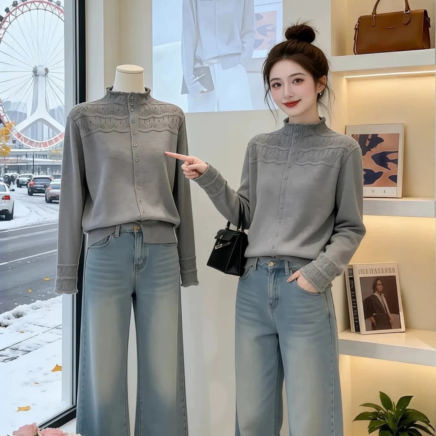 빅 사이즈 여성 의류 반하이넥 홀로우 아웃 자수 스웨터 2026 가을 새로운 루즈핏 슬림해 보이는 다용도 니트 스웨터 상세 이미지 2