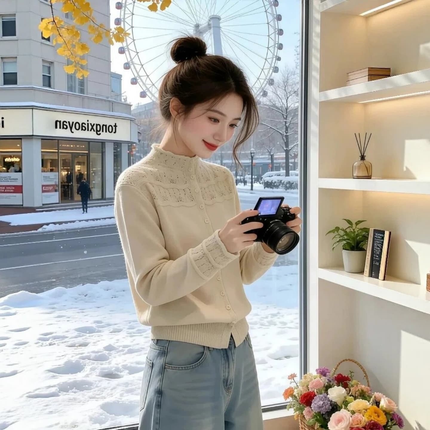 빅 사이즈 여성 의류 반하이넥 홀로우 아웃 자수 스웨터 2026 가을 새로운 루즈핏 슬림해 보이는 다용도 니트 스웨터 상세 이미지 3