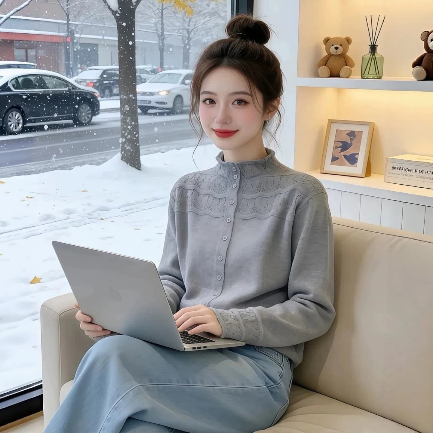 빅 사이즈 여성 의류 반하이넥 홀로우 아웃 자수 스웨터 2026 가을 새로운 루즈핏 슬림해 보이는 다용도 니트 스웨터 상세 이미지 4