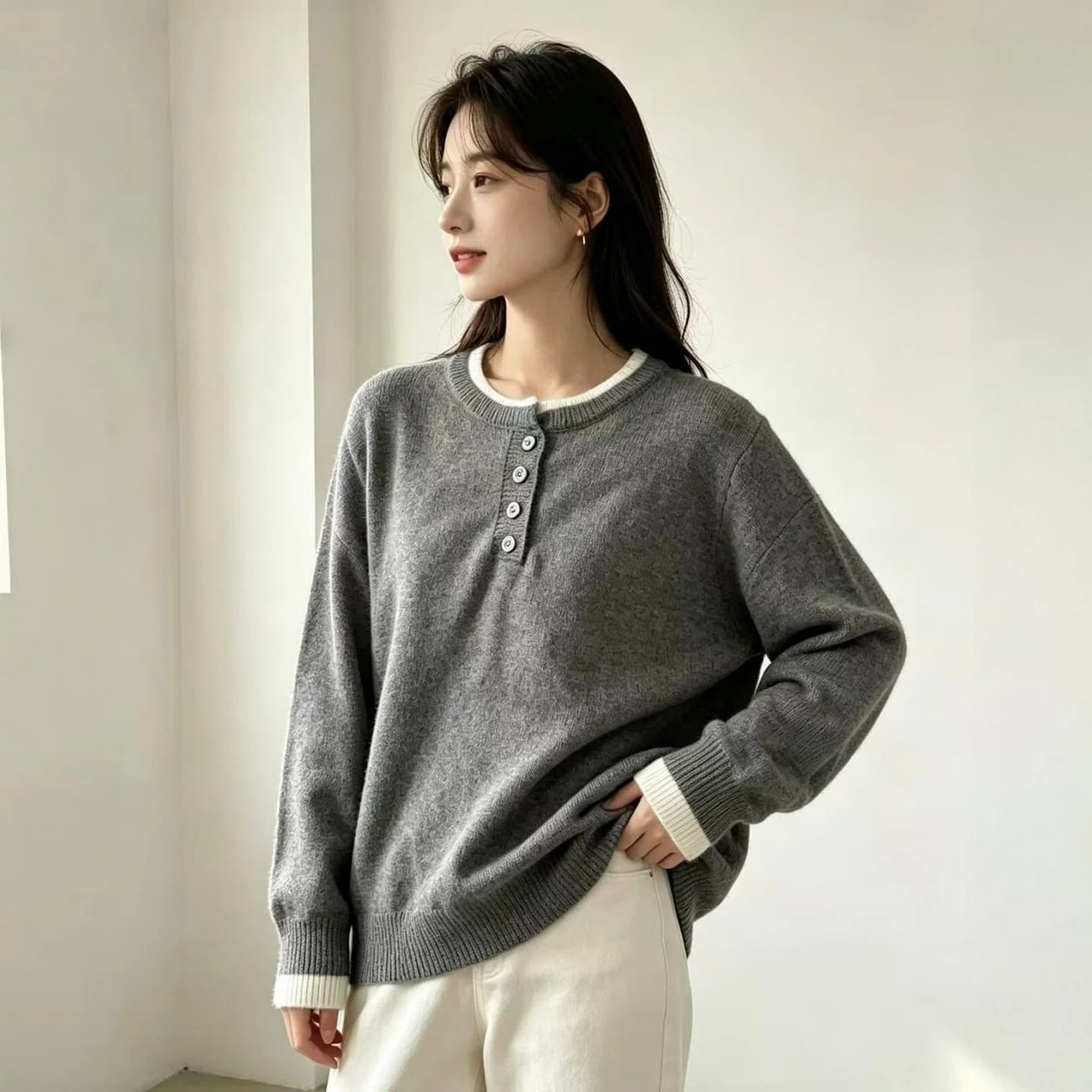 빅 사이즈 여성 의류 한 부서 패치워크 색상 헨리 칼라 페이크 레이어드 스웨터 2026 가을 겨울 새로운 루즈핏 다용도 니트 맨위