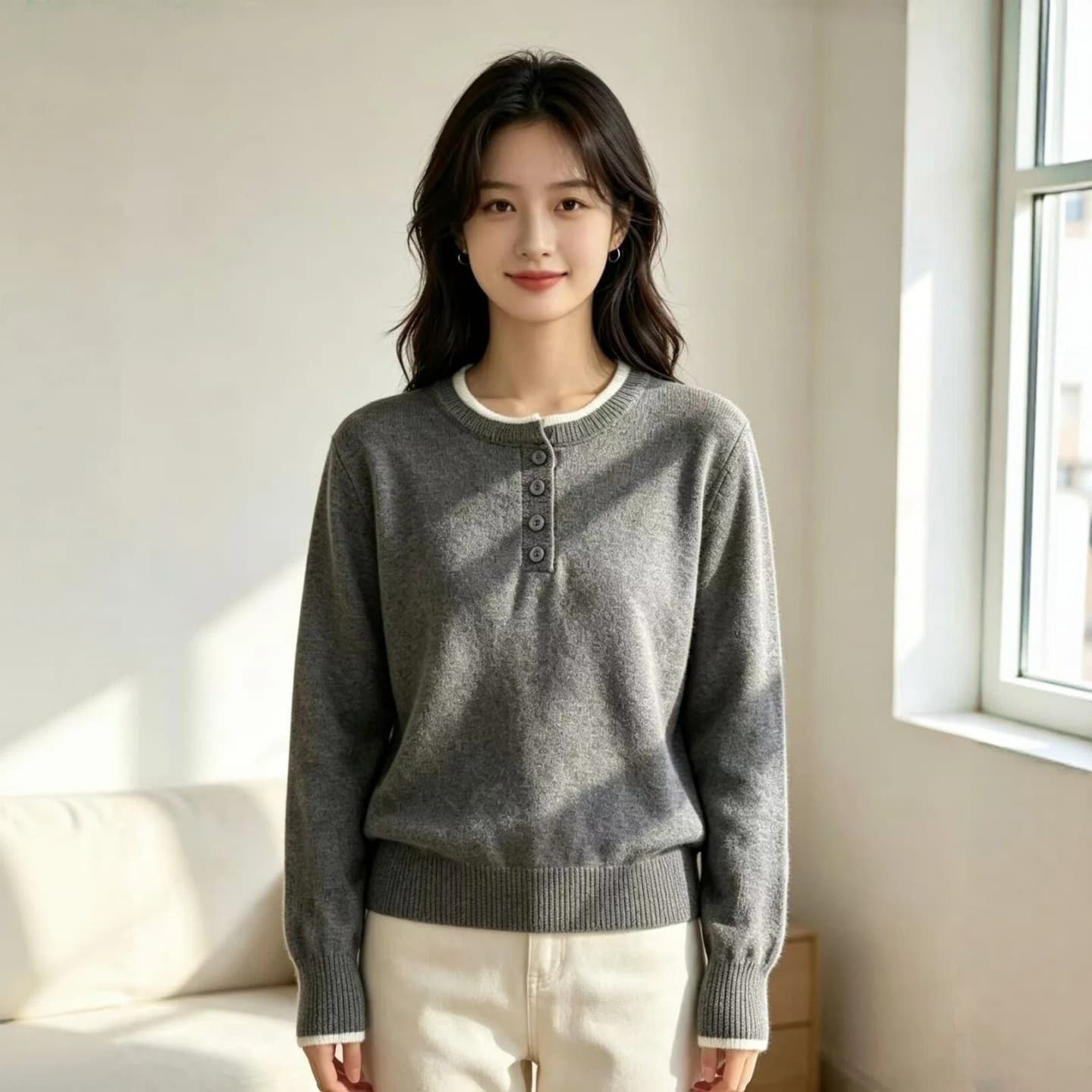 빅 사이즈 여성 의류 한 부서 패치워크 색상 헨리 칼라 페이크 레이어드 스웨터 2026 가을 겨울 새로운 루즈핏 다용도 니트 맨위 상세 이미지 2