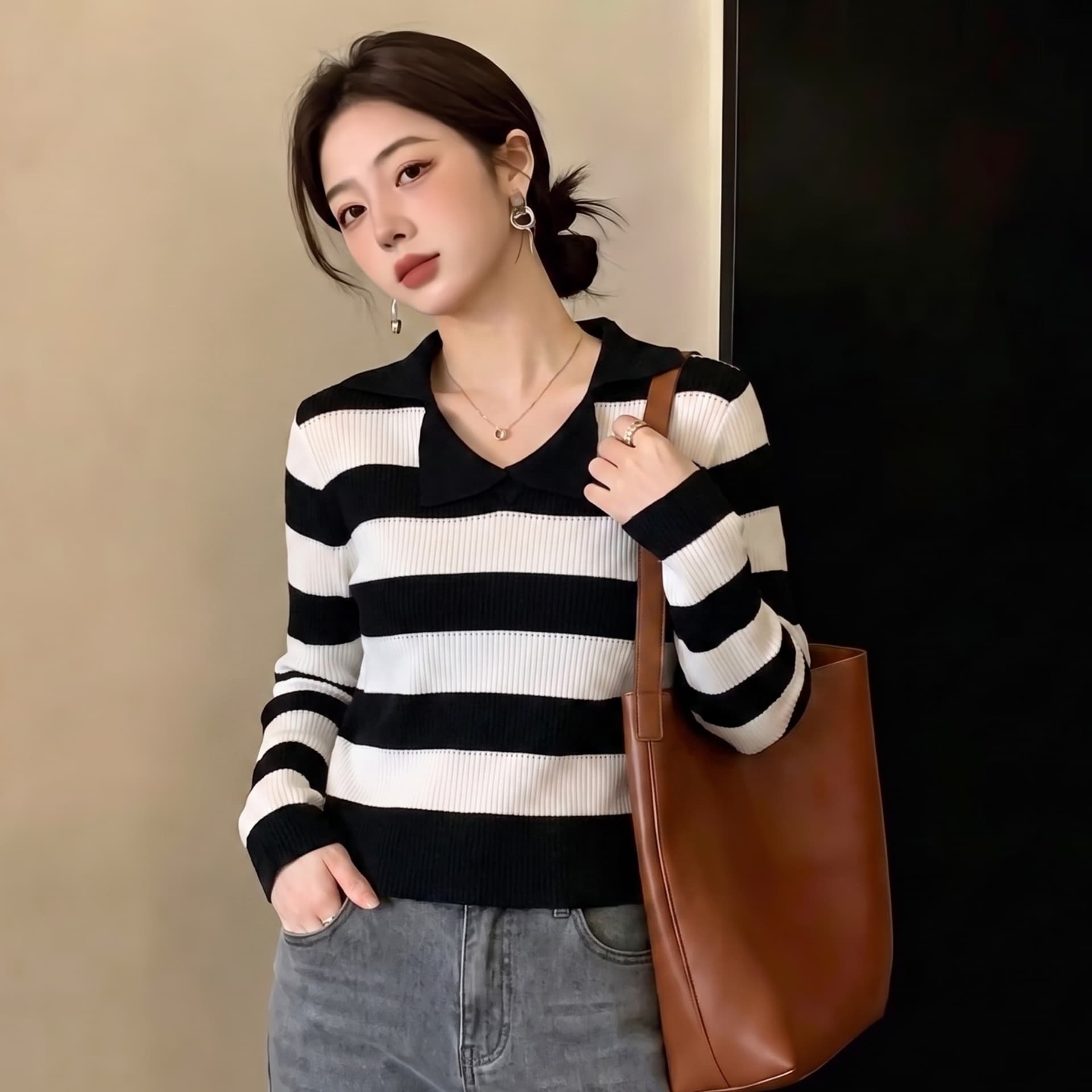 실사 빅 사이즈 여성 의류 2026 가을 새로운 디자인 센스 루즈핏 슬림해 보이는 레트로 스트라이프 캐주얼 니트 스웨터 맨위 이미지 3