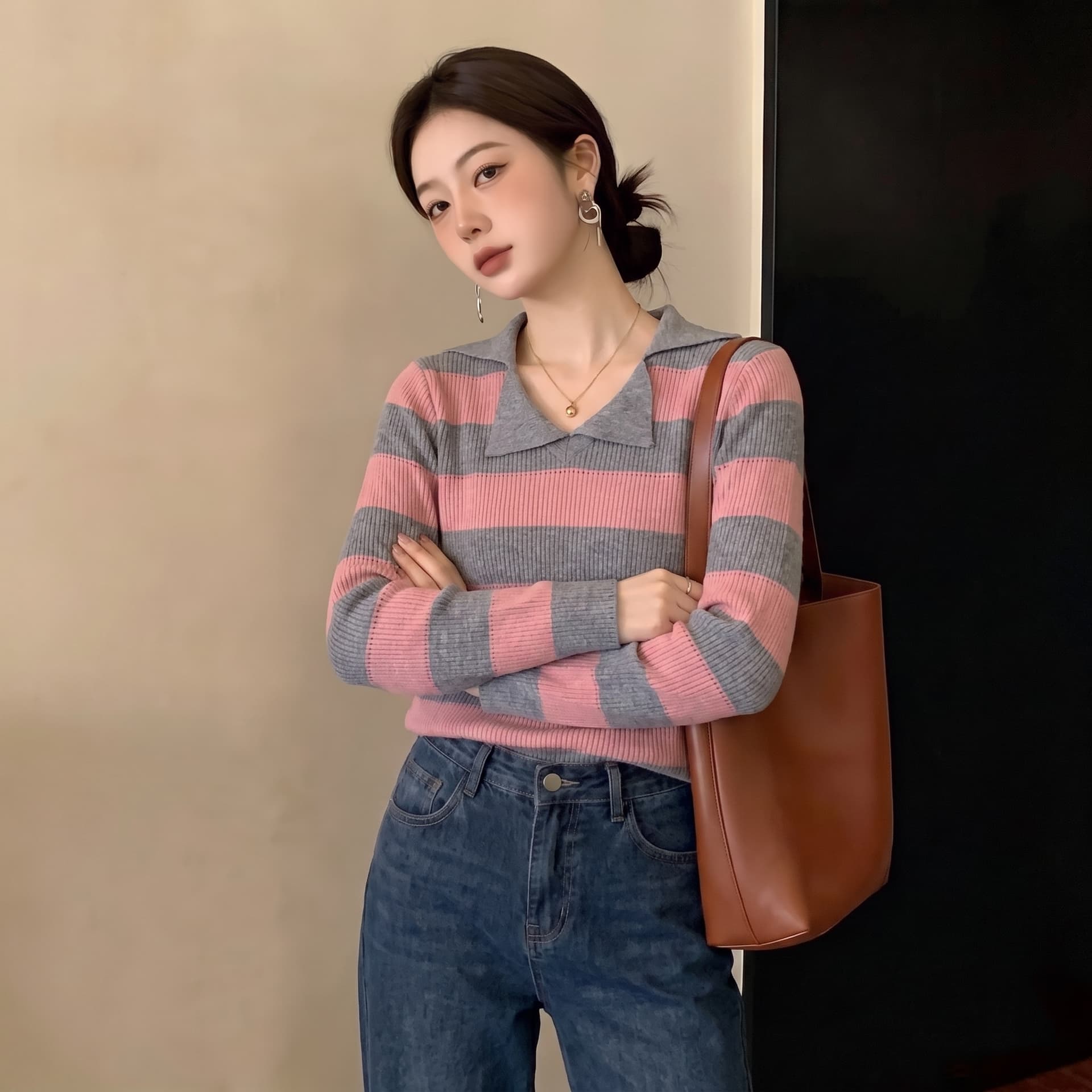 실사 빅 사이즈 여성 의류 2026 가을 새로운 디자인 센스 루즈핏 슬림해 보이는 레트로 스트라이프 캐주얼 니트 스웨터 맨위 상세 이미지 4